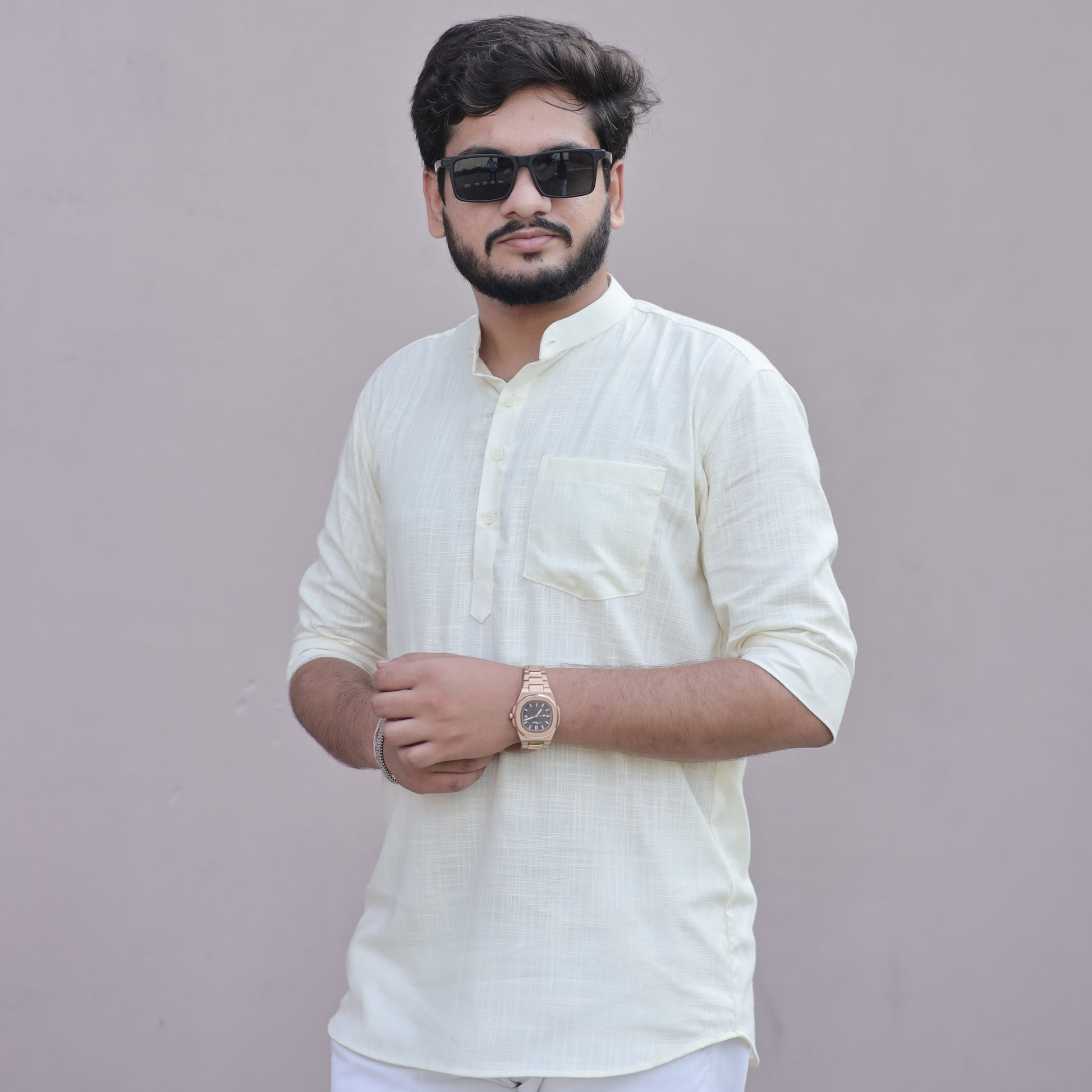 Classic Light Yellow Cotton Linen Kurta for Men