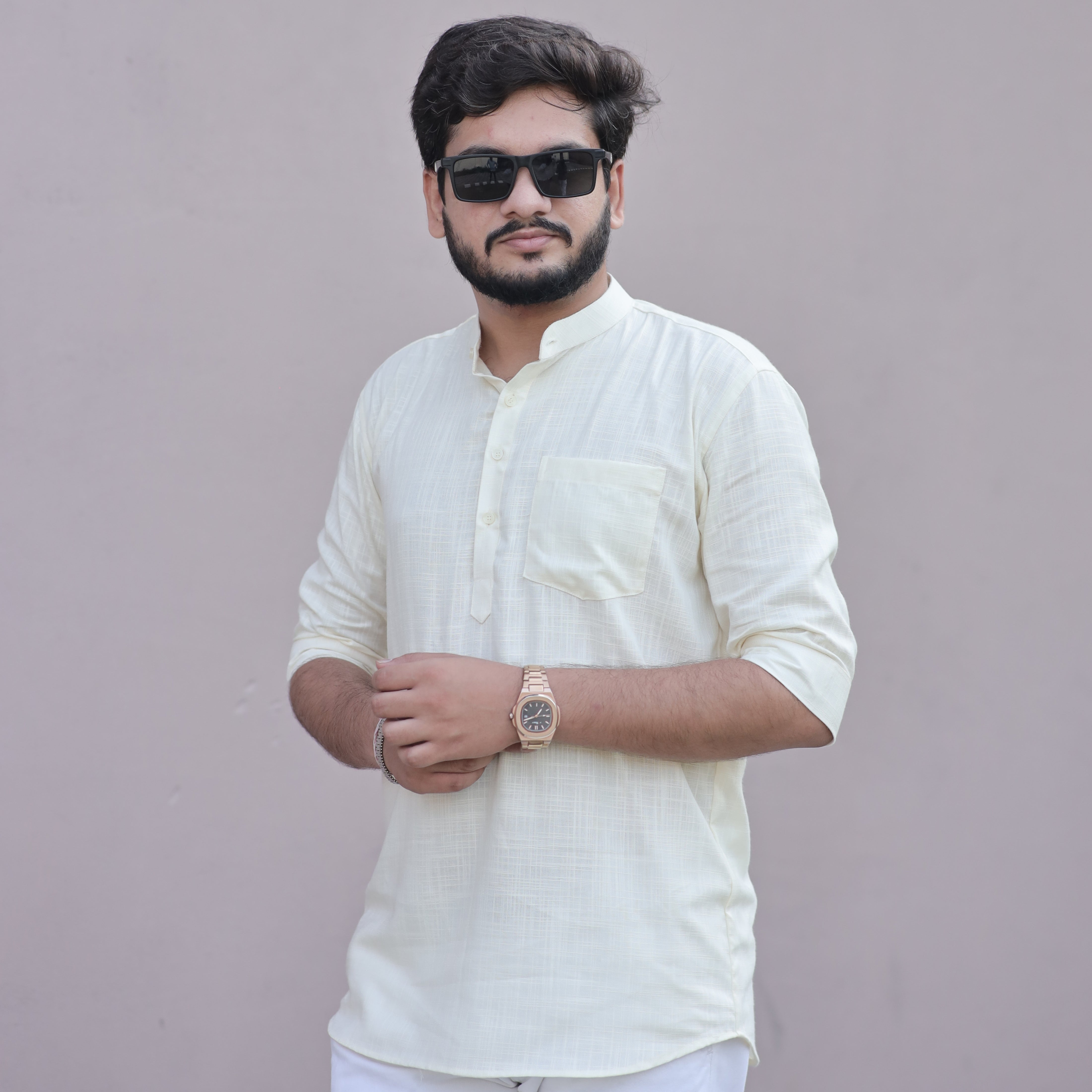 Classic Light Yellow Cotton Linen Kurta for Men