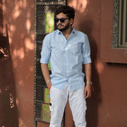 Light Blue Cotton Linen Shirt for Men - Full Sleeve Slim Fit