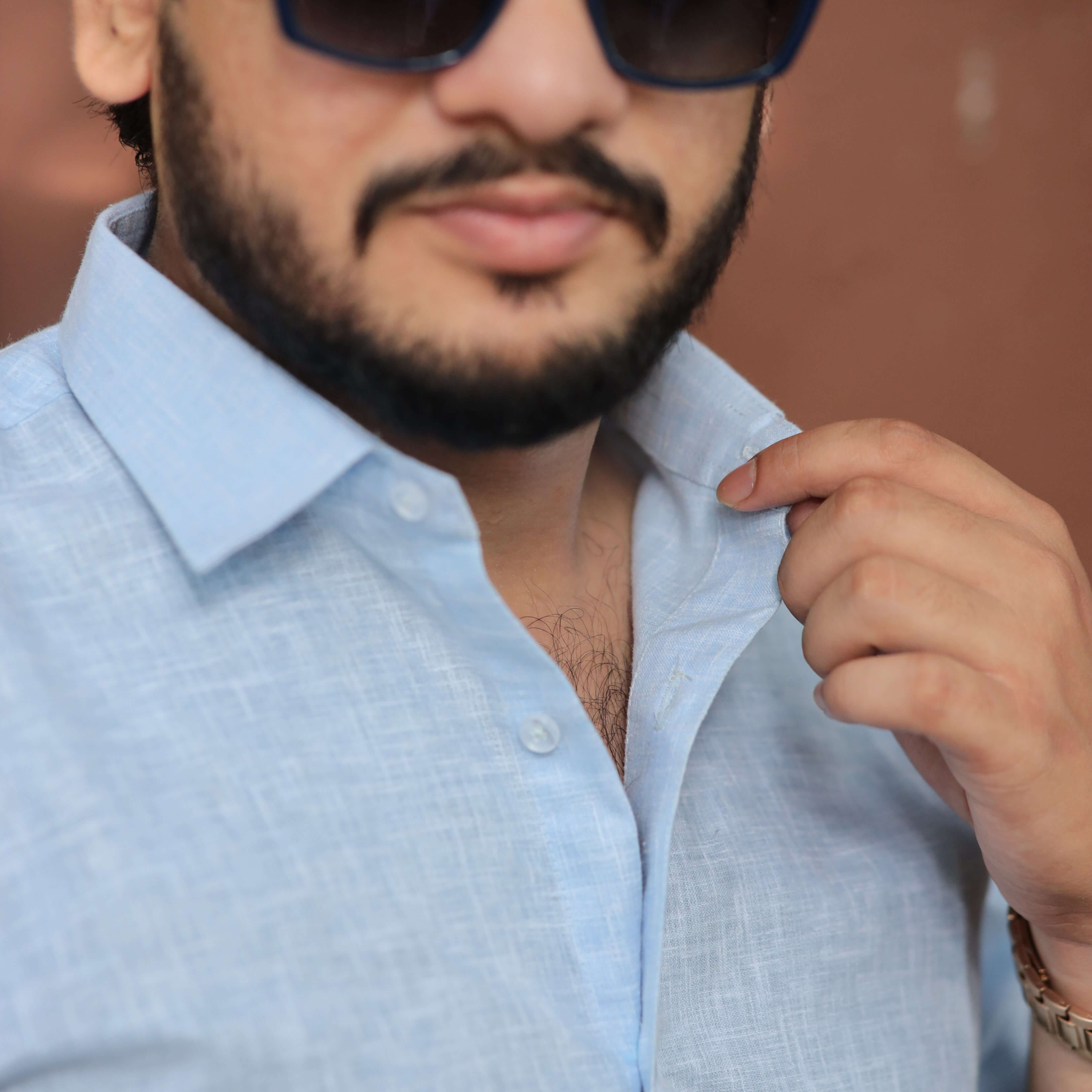 Light Blue Cotton Linen Shirt for Men - Full Sleeve Slim Fit