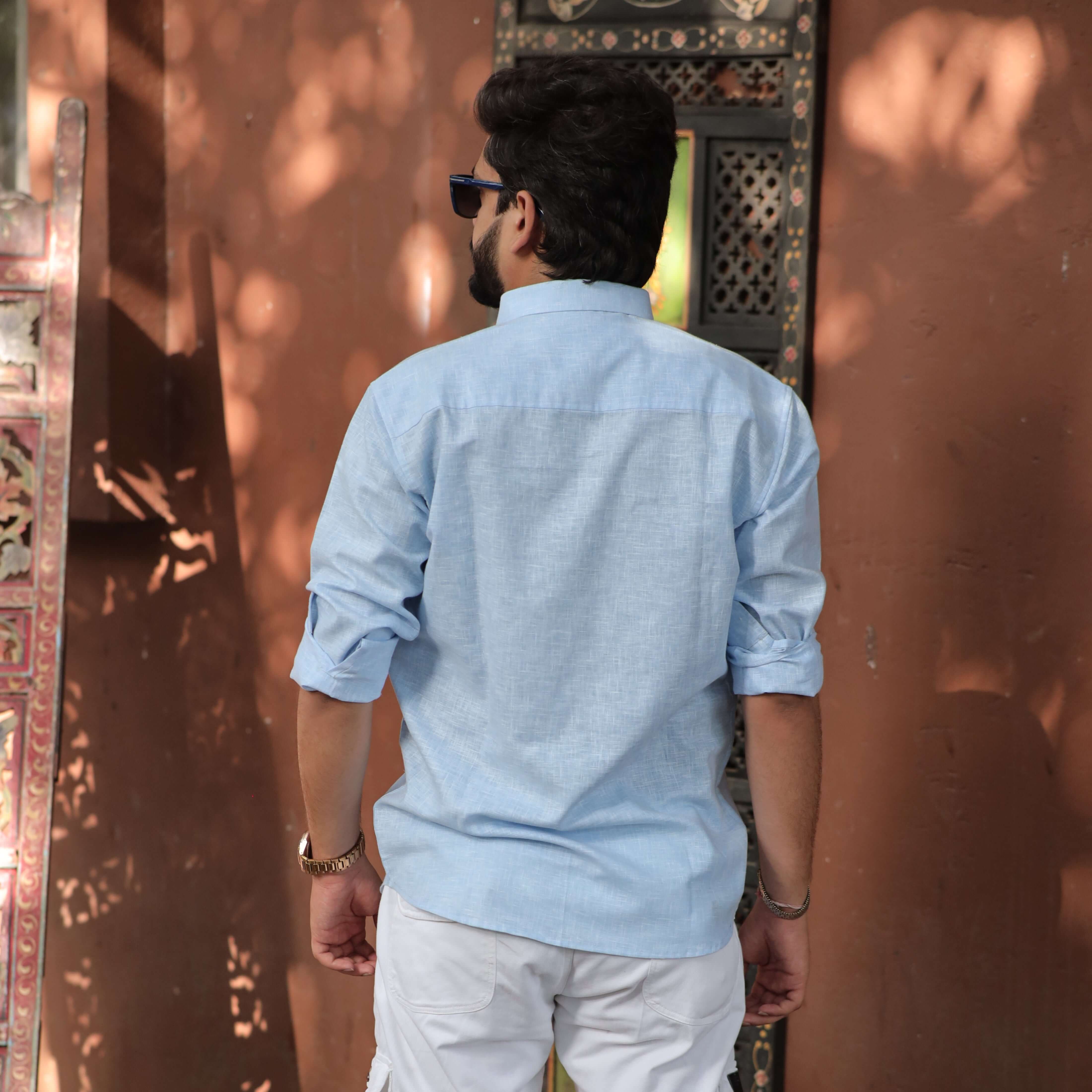 Light Blue Cotton Linen Shirt for Men - Full Sleeve Slim Fit