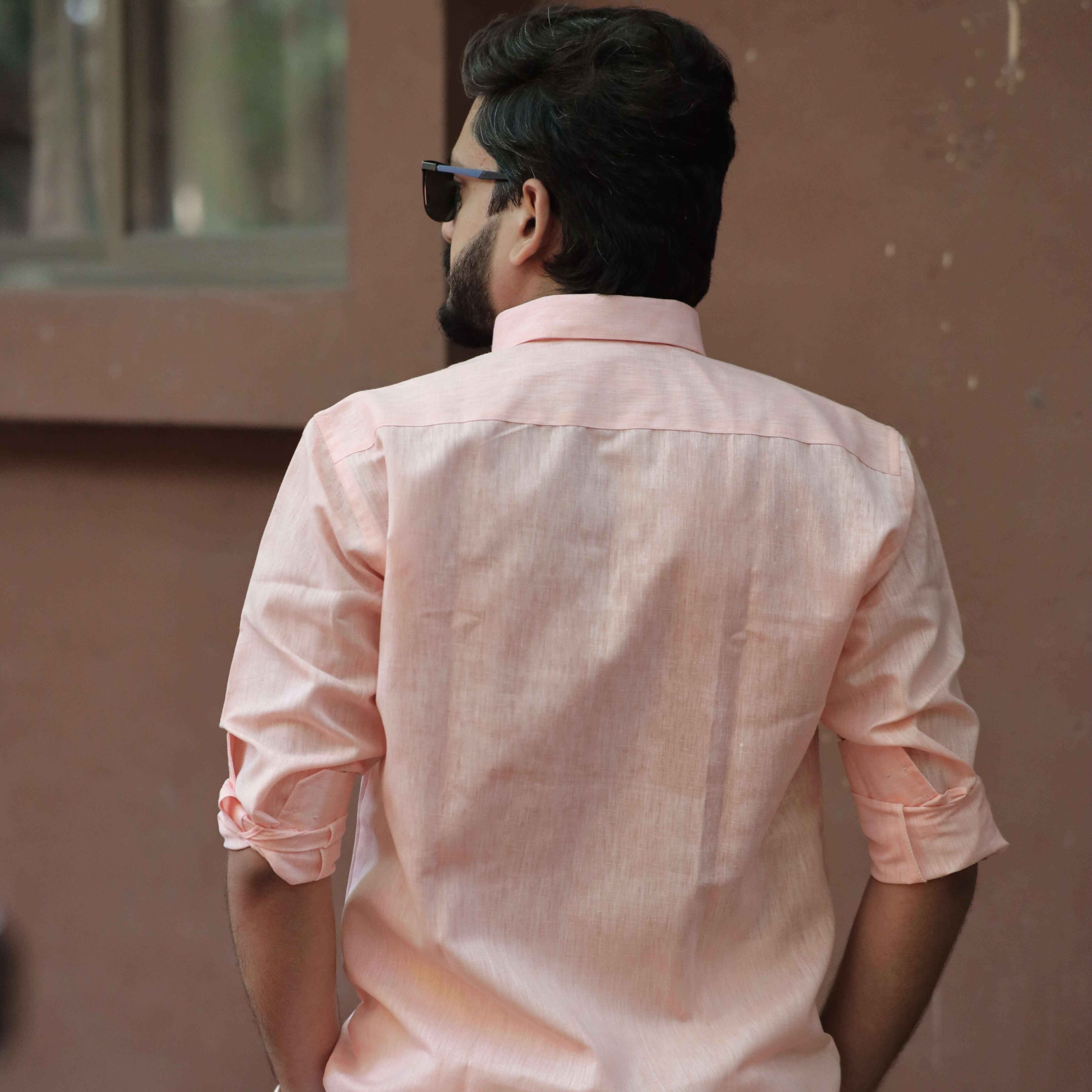 Light Peach Cotton Linen Shirt for Men – Full Sleeve Casual Office Wear