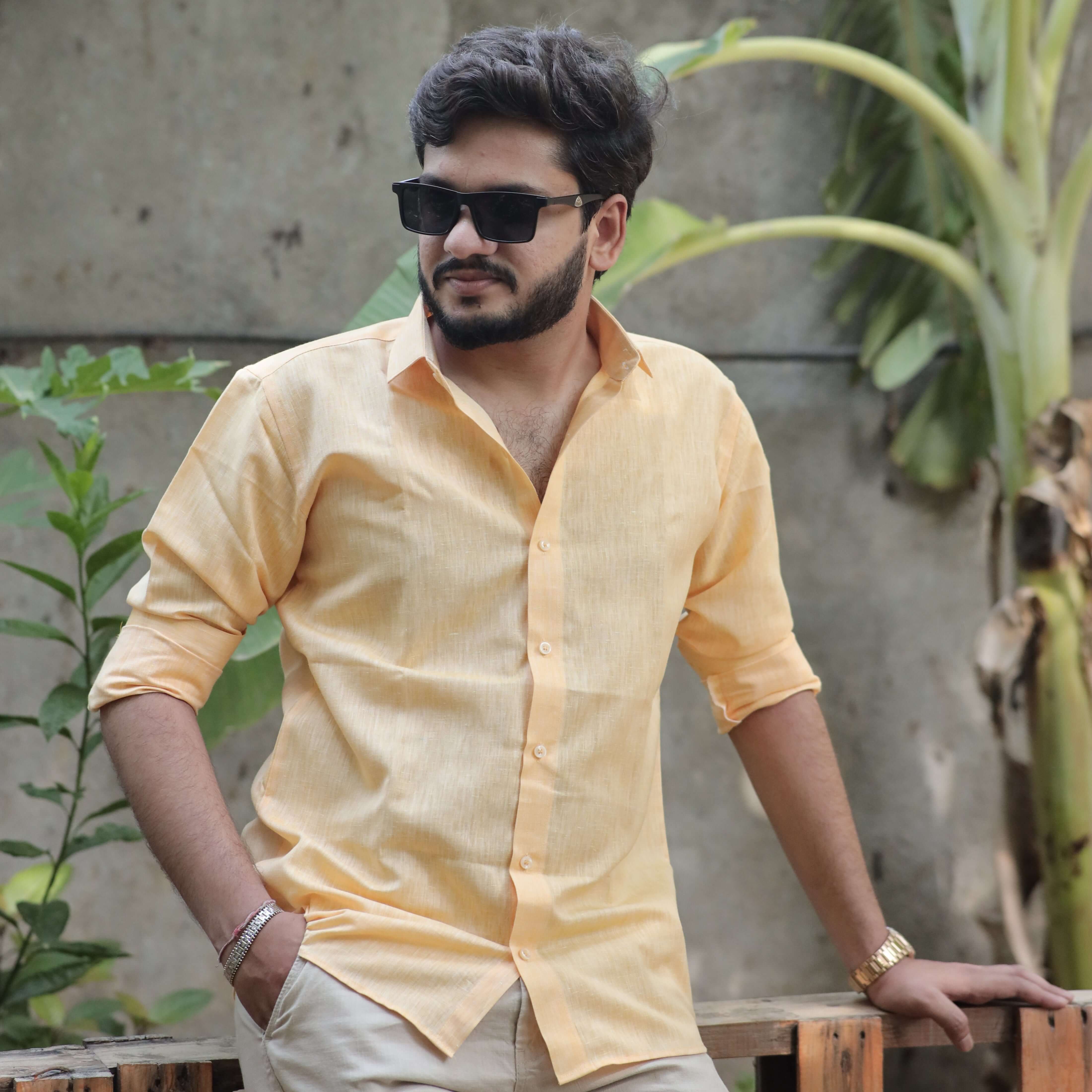 Light Orange Cotton Linen Shirt – Relaxed Fit, Full Sleeve, Spread Collar