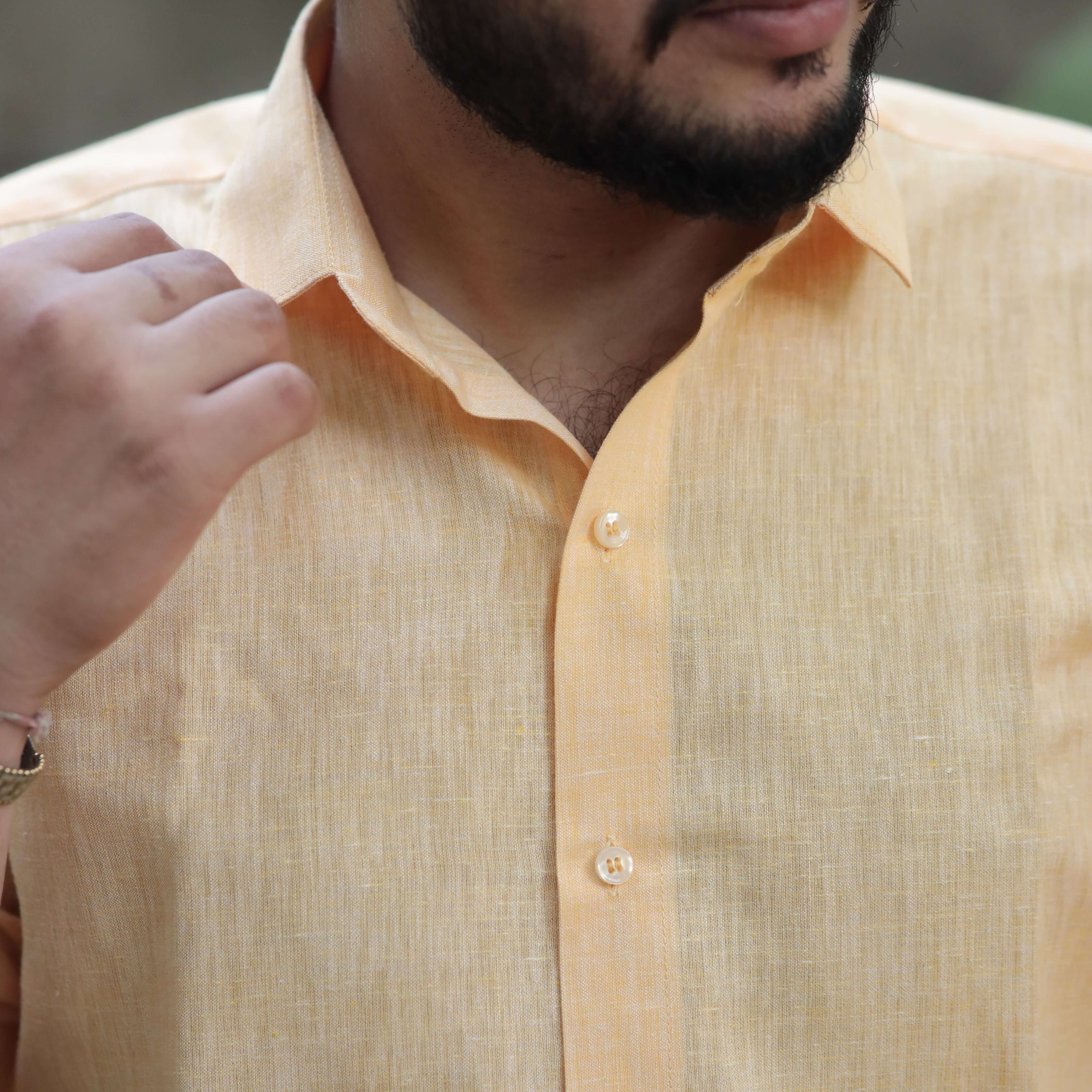 Light Orange Cotton Linen Shirt – Relaxed Fit, Full Sleeve, Spread Collar