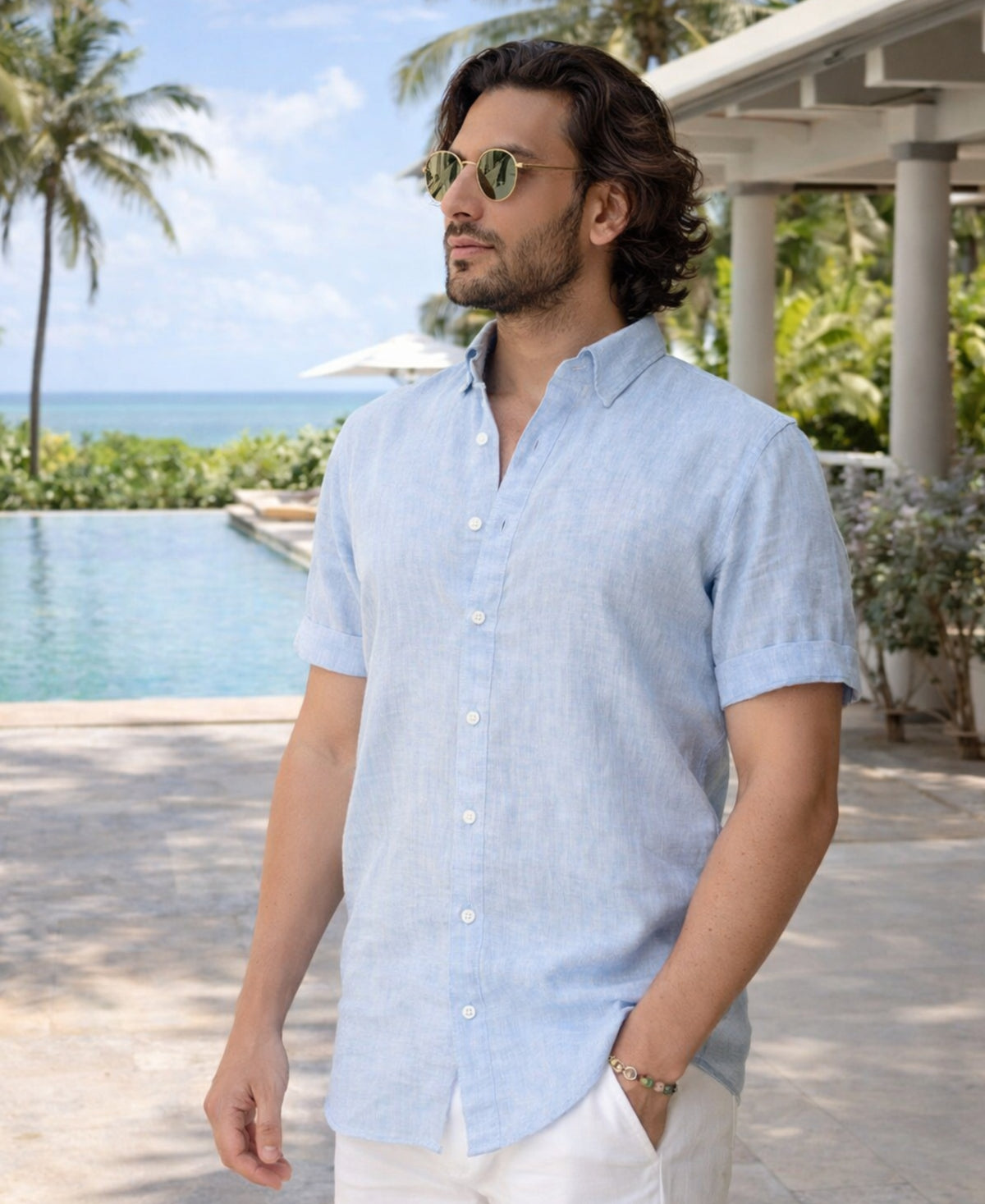 Luxury Pure Linen Half Sleeve Sky Blue Shirt for Men