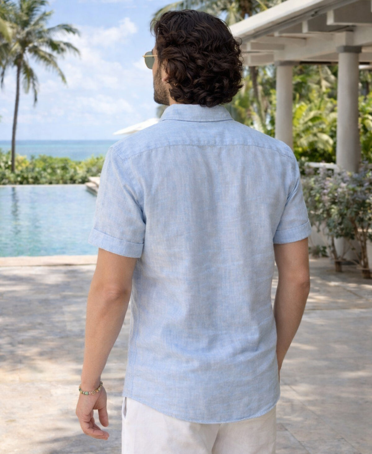 Luxury Pure Linen Half Sleeve Sky Blue Shirt for Men