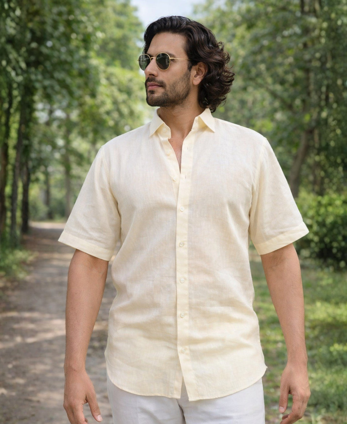 Classic Cream Pure Linen Casual Shirt With Half Sleeve