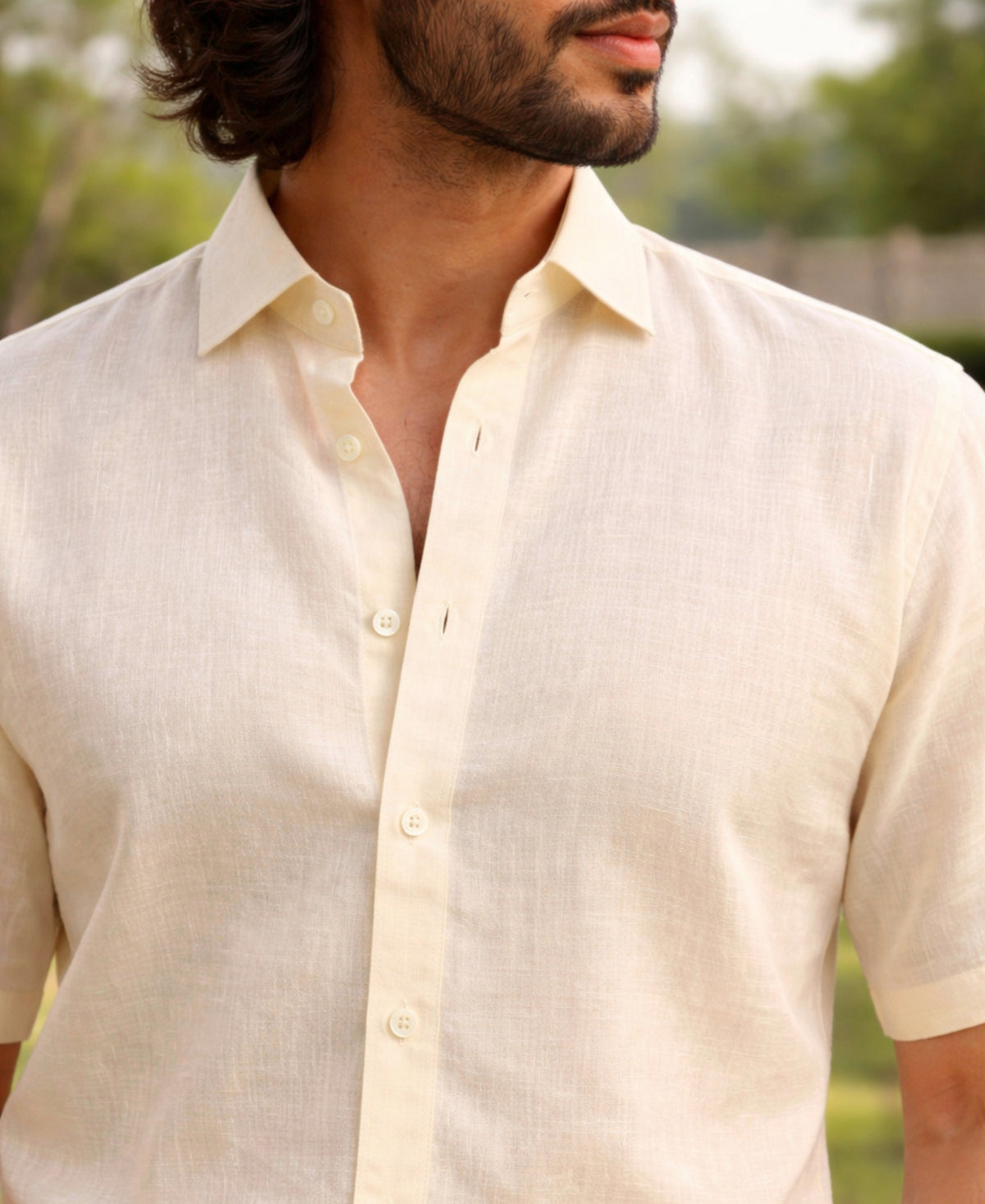 Classic Cream Pure Linen Casual Shirt With Half Sleeve