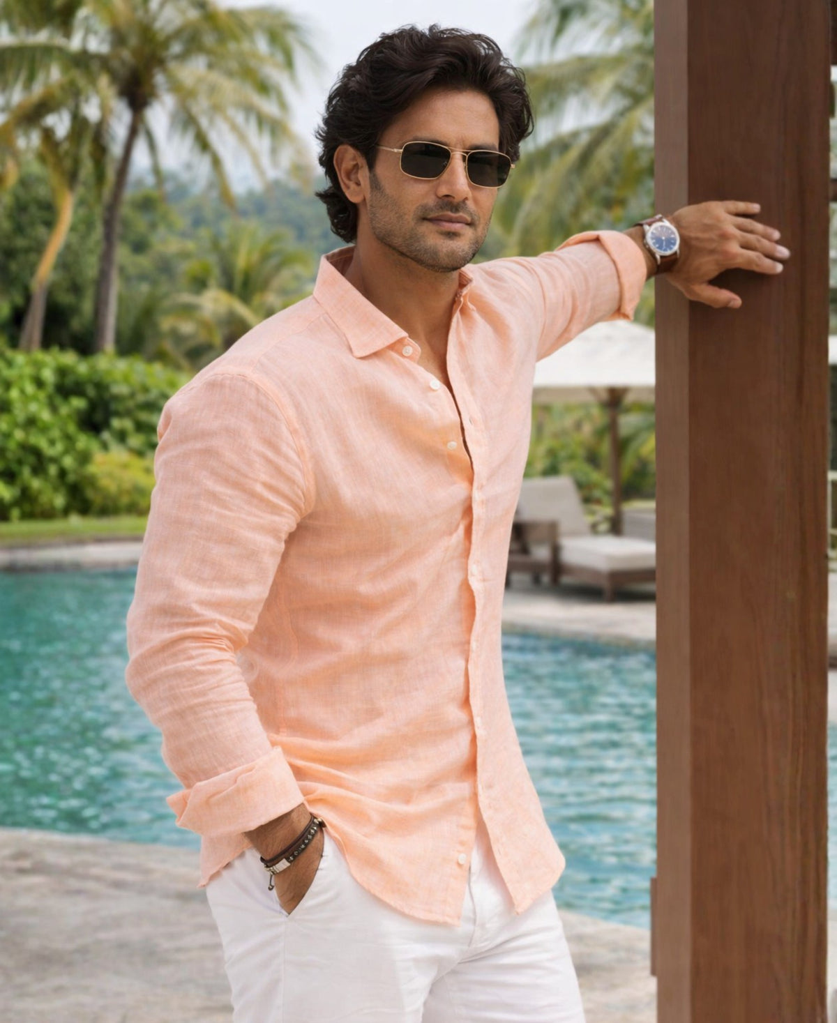 Regular Fit Pure Linen Peach Shirt For Beach Wear