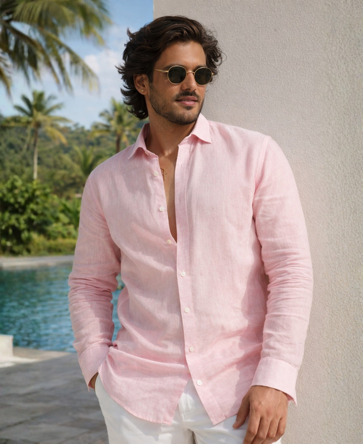 Breathable Light Pink Pure Linen Full Sleeve Shirt for Men