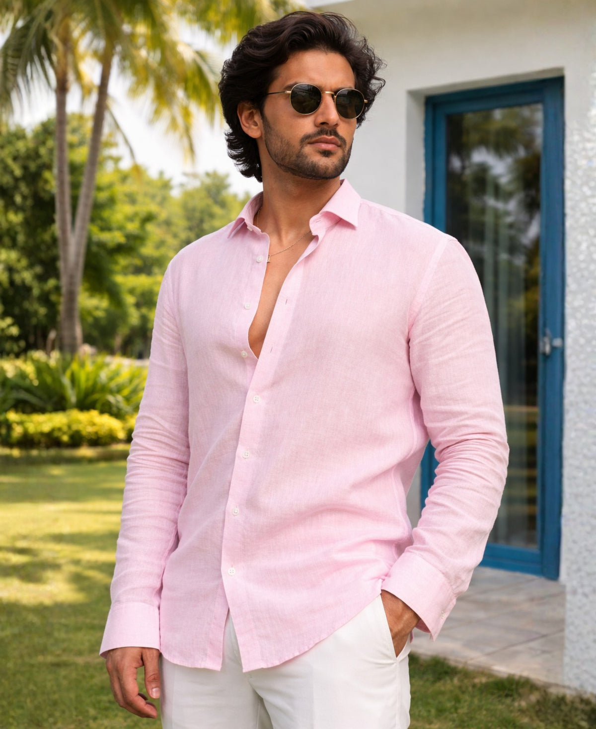 Breathable Light Pink Pure Linen Full Sleeve Shirt for Men