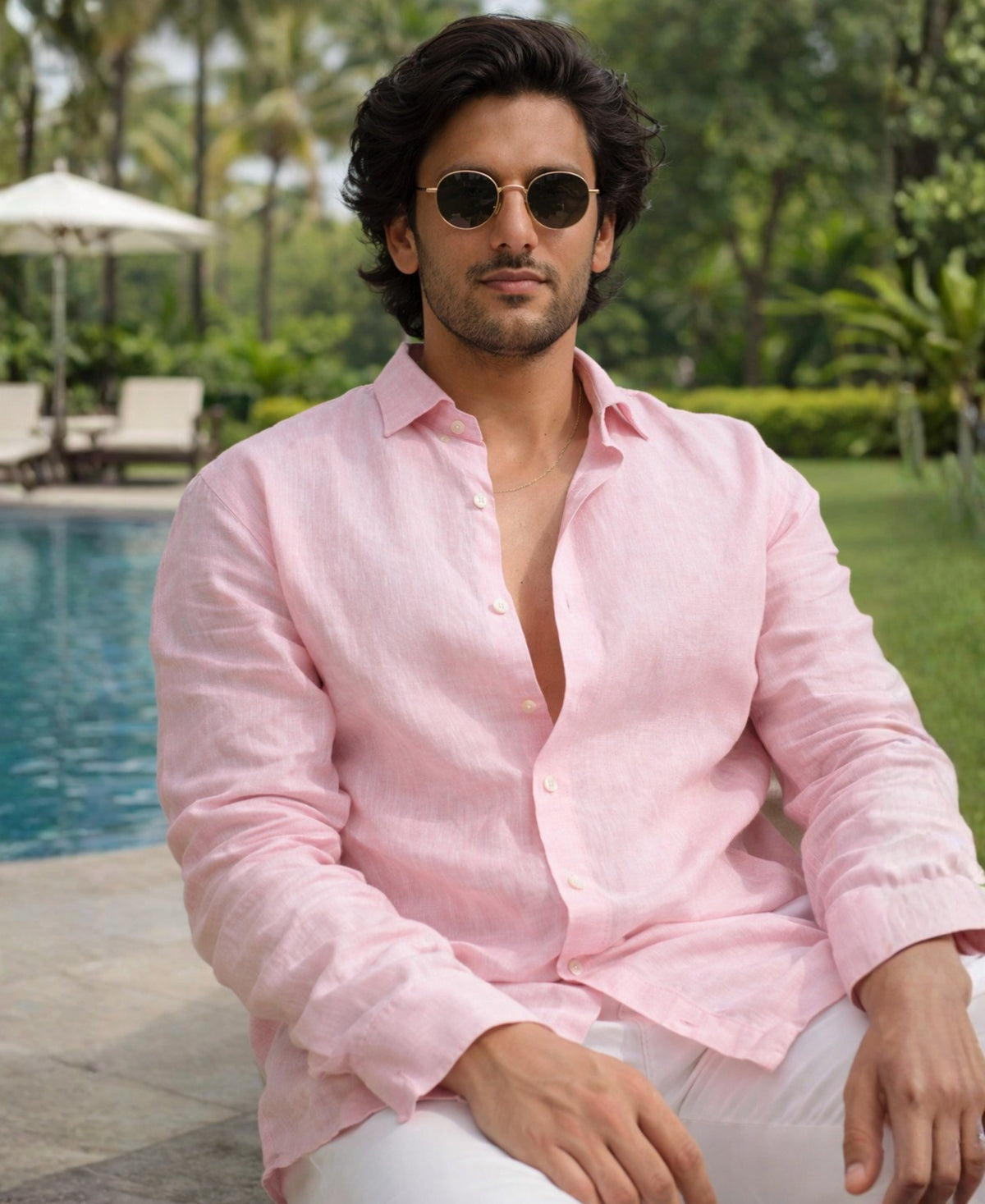 Breathable Light Pink Pure Linen Full Sleeve Shirt for Men