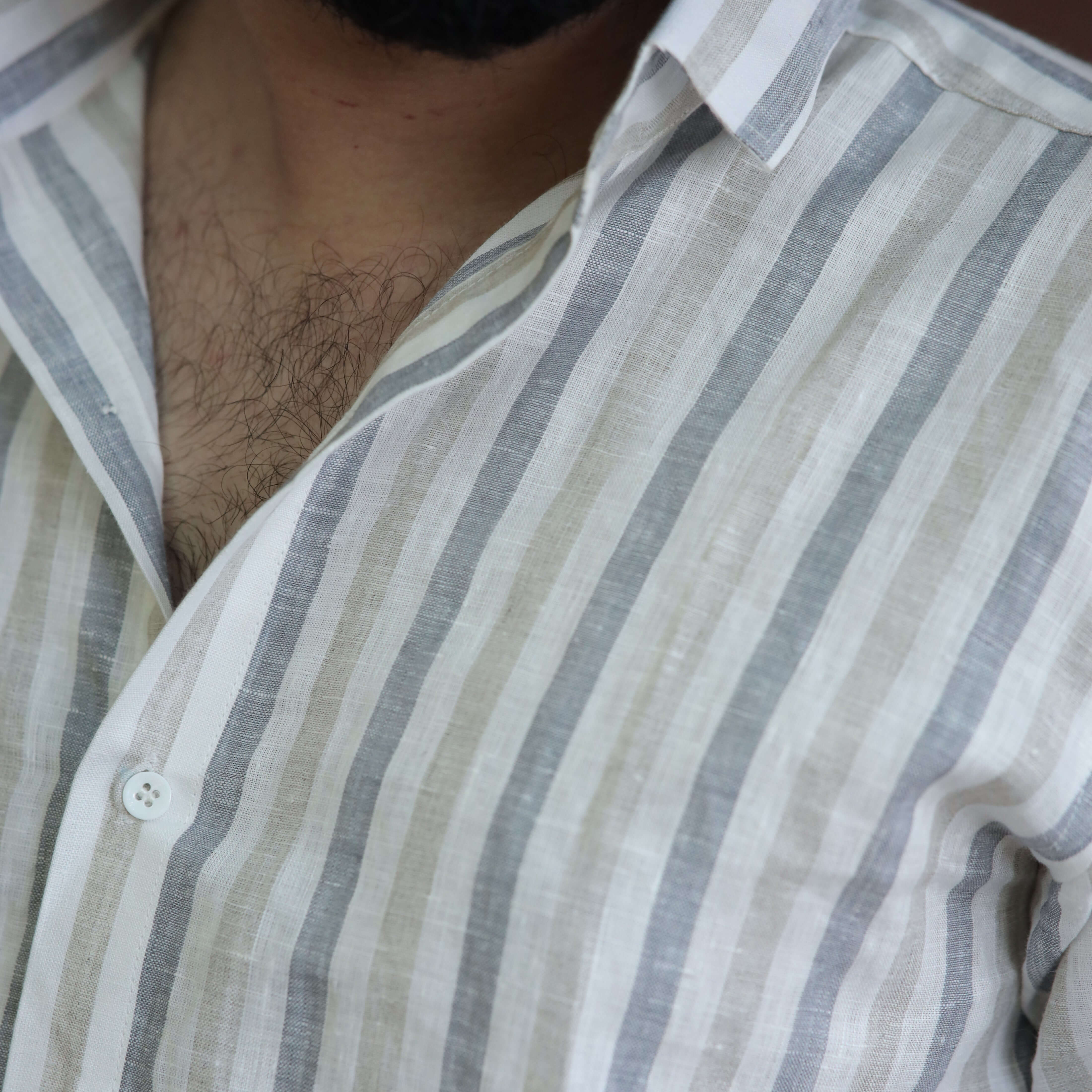 Everyday Linen Striped Shirt Light Grey White – Regular Collar Full Sleeve