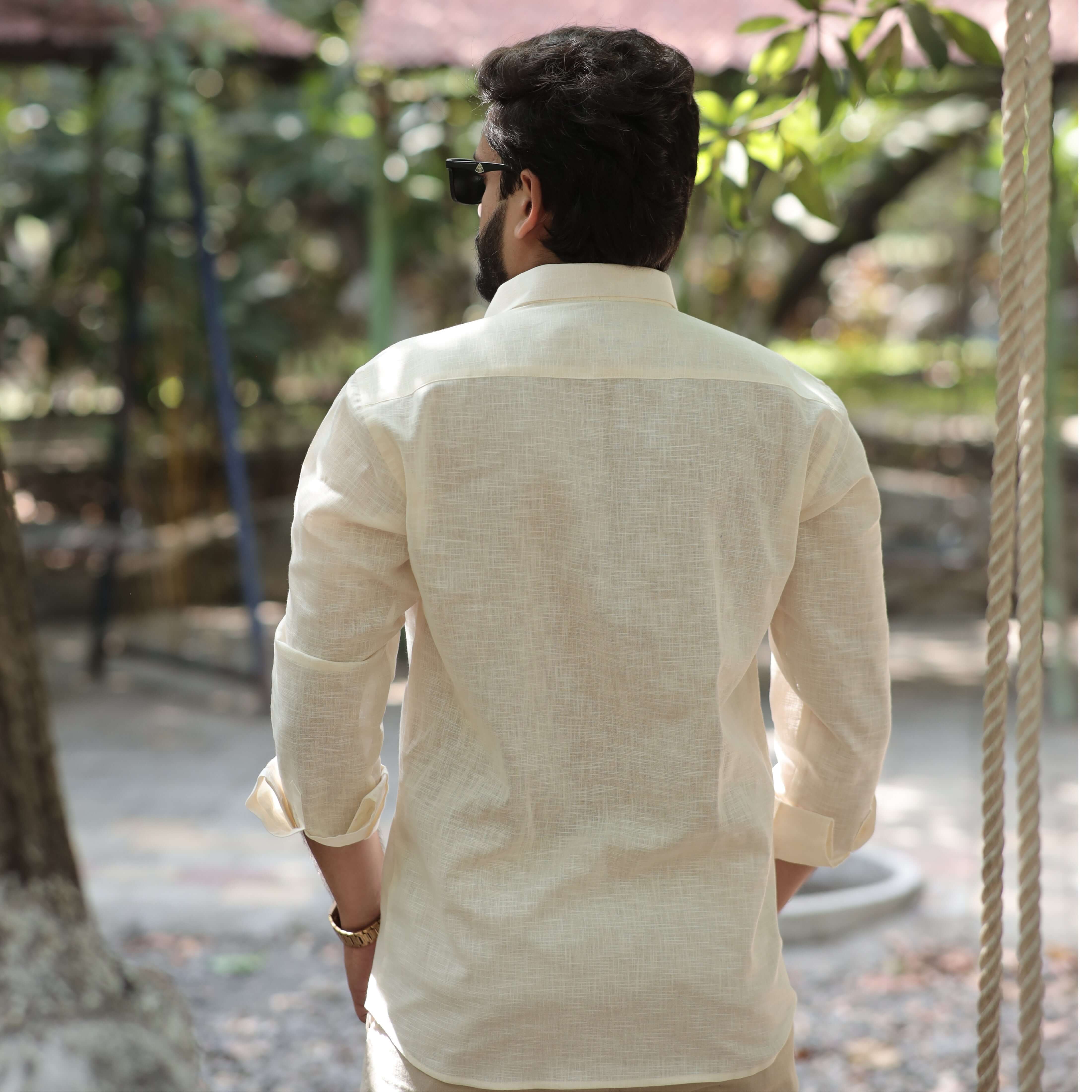 Beige Cotton Linen Shirt for Men – Full Sleeve Soft Breathable
