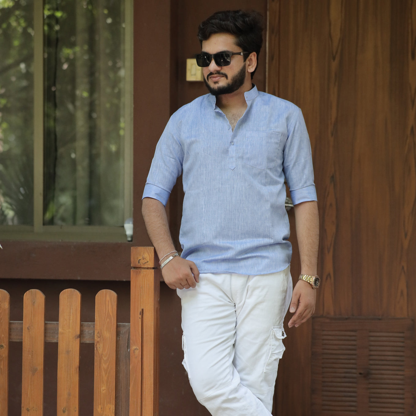 Skysteel Blue Cotton Linen Kurta
