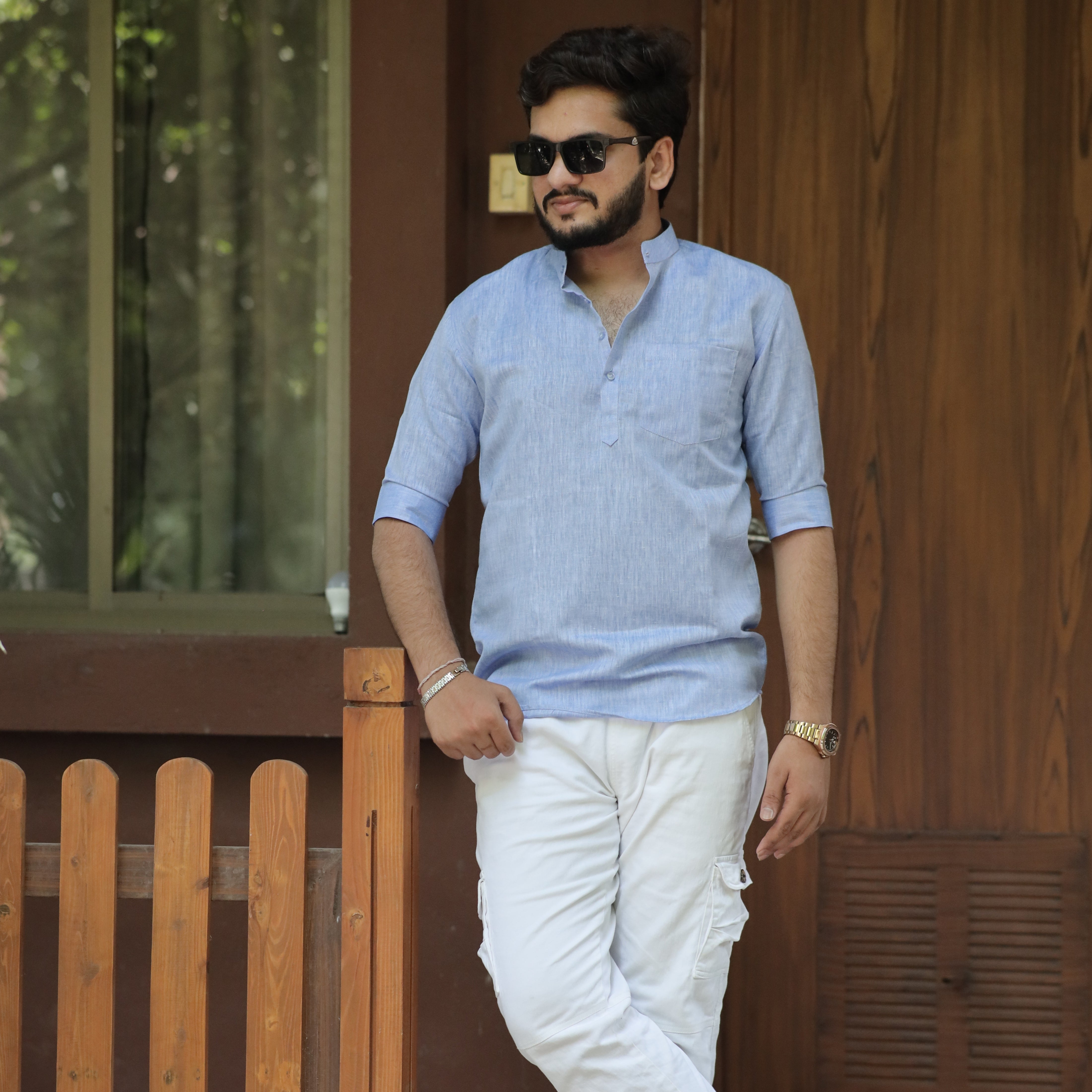 Skysteel Blue Cotton Linen Kurta