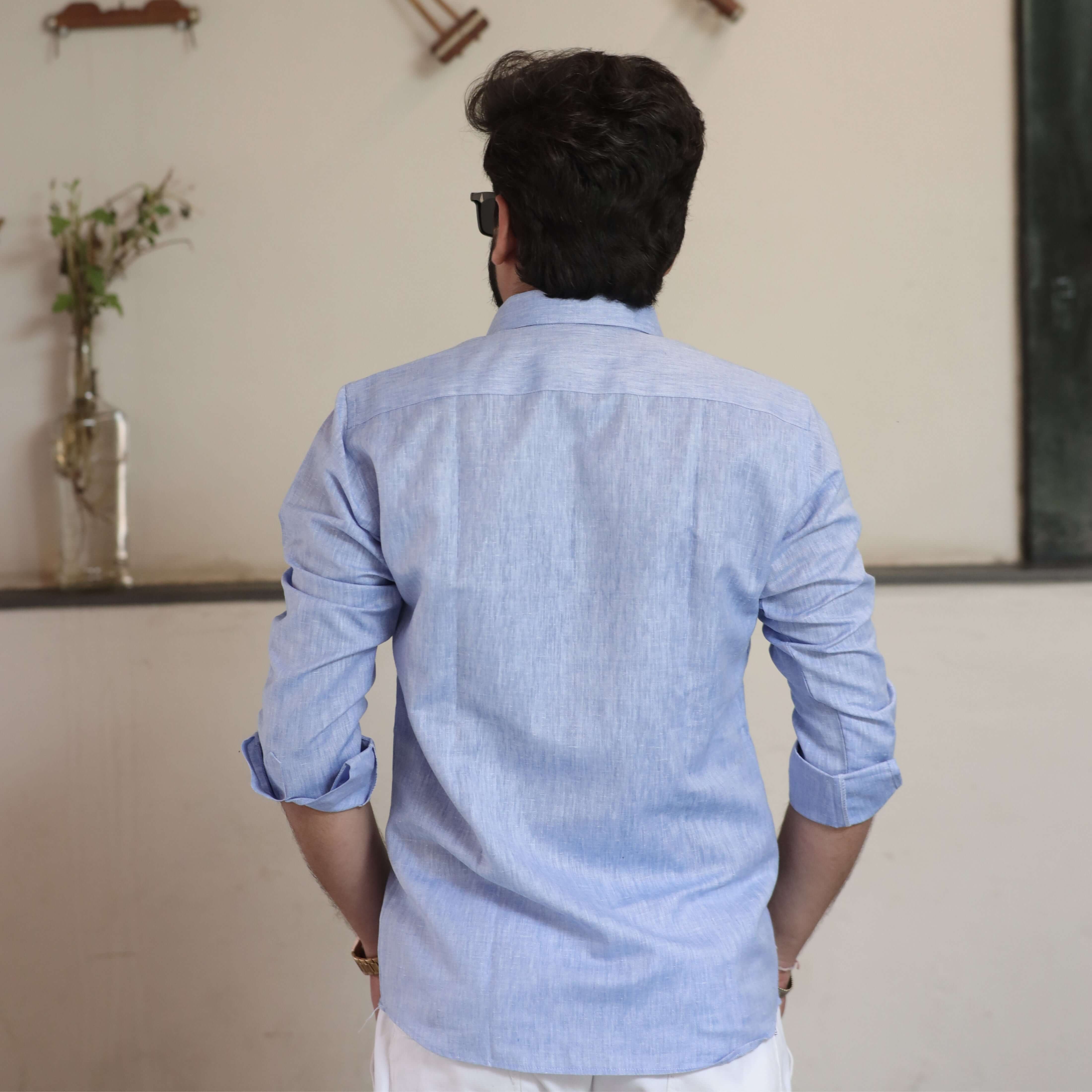 Light Blue Spread Collar Cotton Linen Blend Shirt for Smart Casual Wear