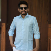 Light Blue Cotton Linen Blend Casual Shirt for Men