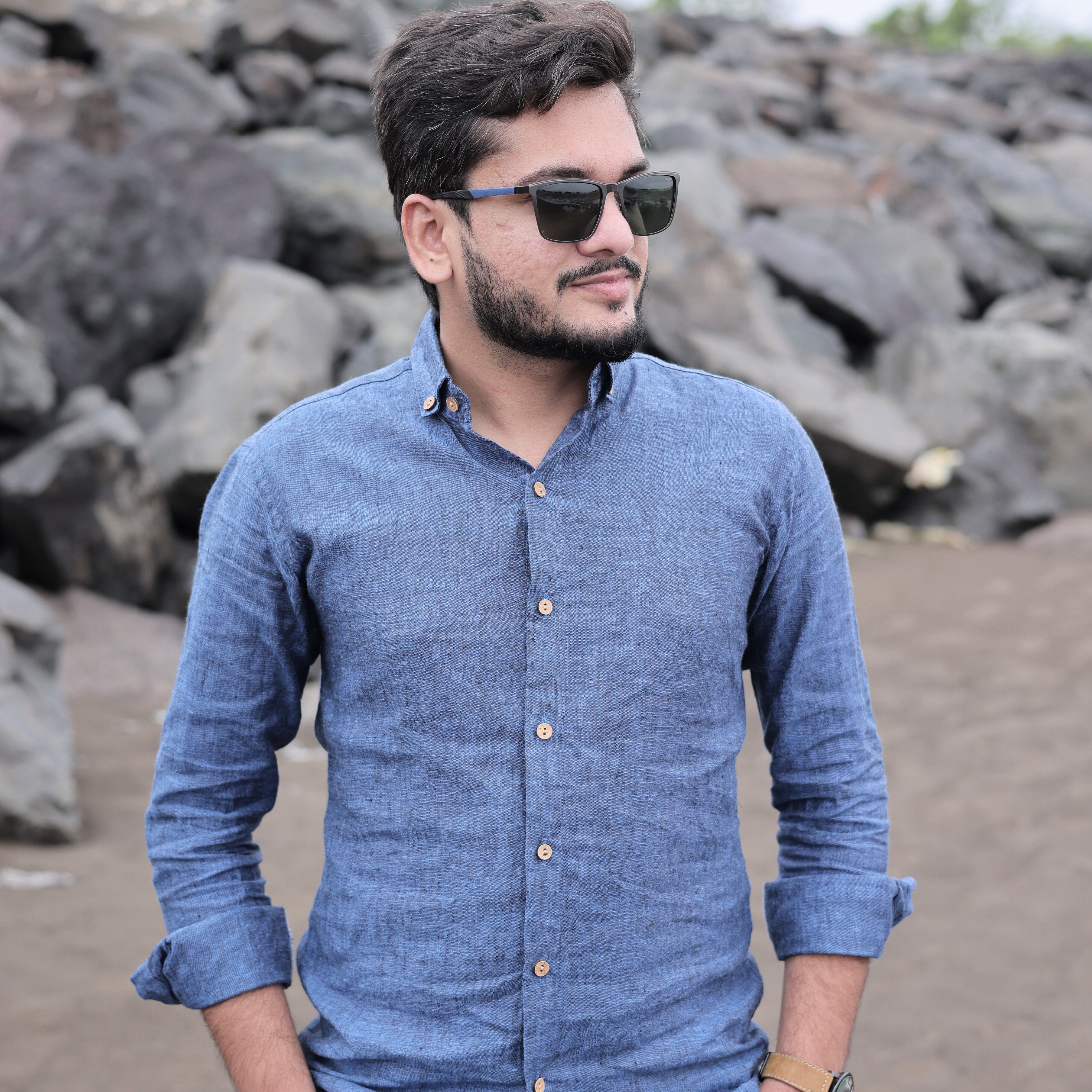 Blue Textured Pure Linen Shirt Full Sleeve Casual Beachwear Look