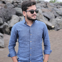 Blue Textured Pure Linen Shirt Full Sleeve Casual Beachwear Look