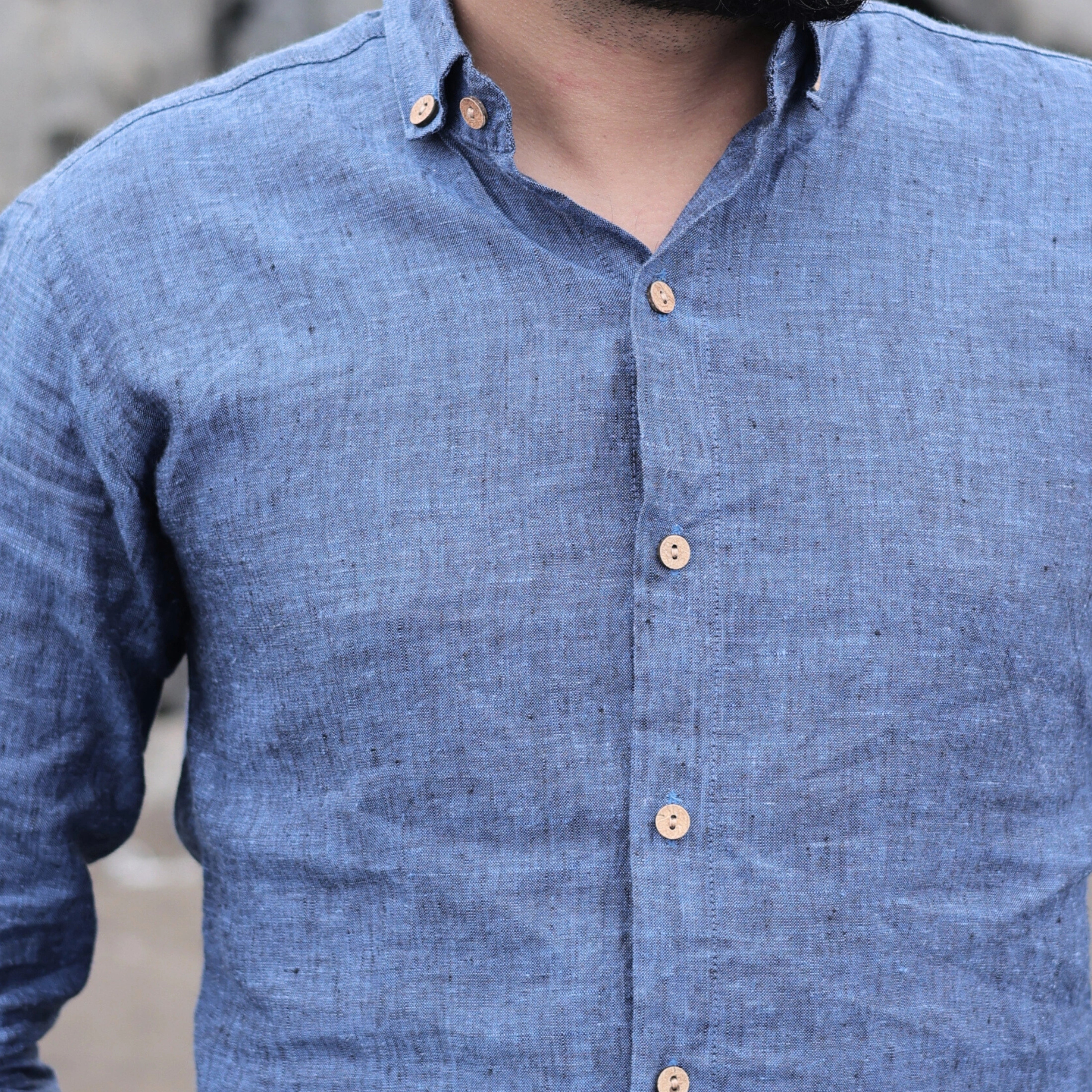 Blue Textured Pure Linen Shirt Full Sleeve Casual Beachwear Look