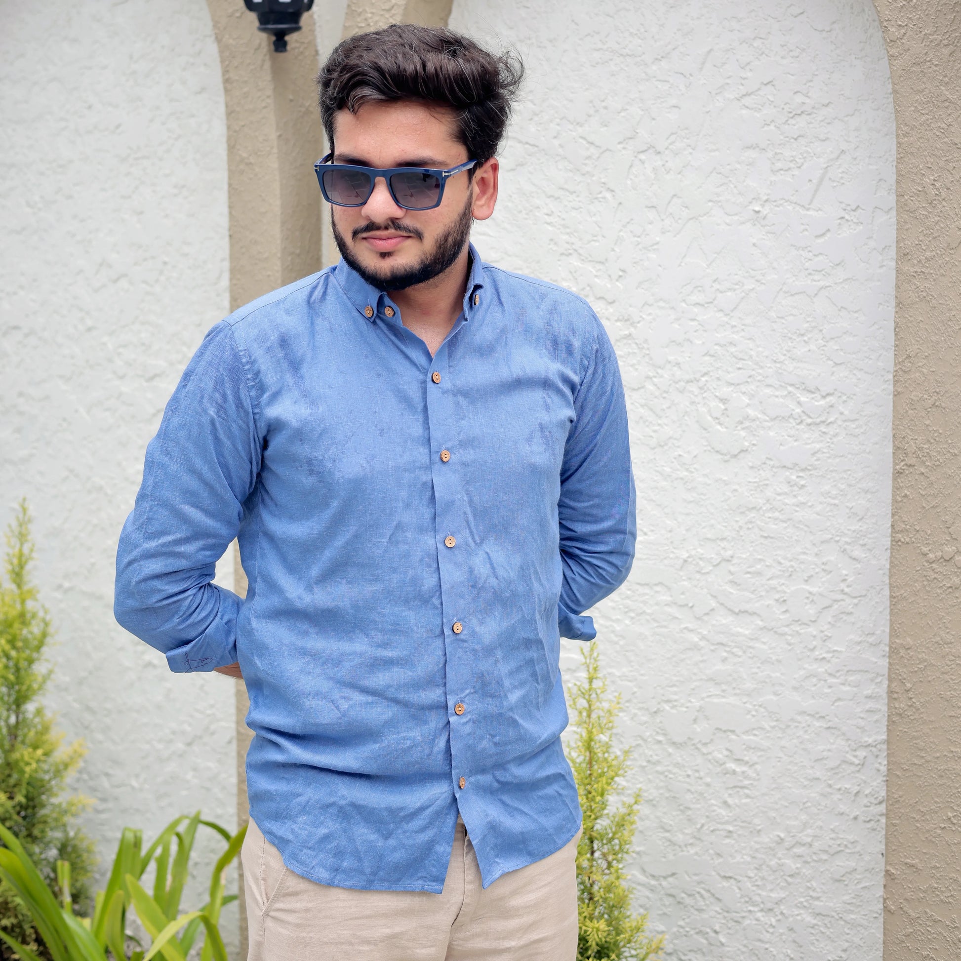 blue linen shirt