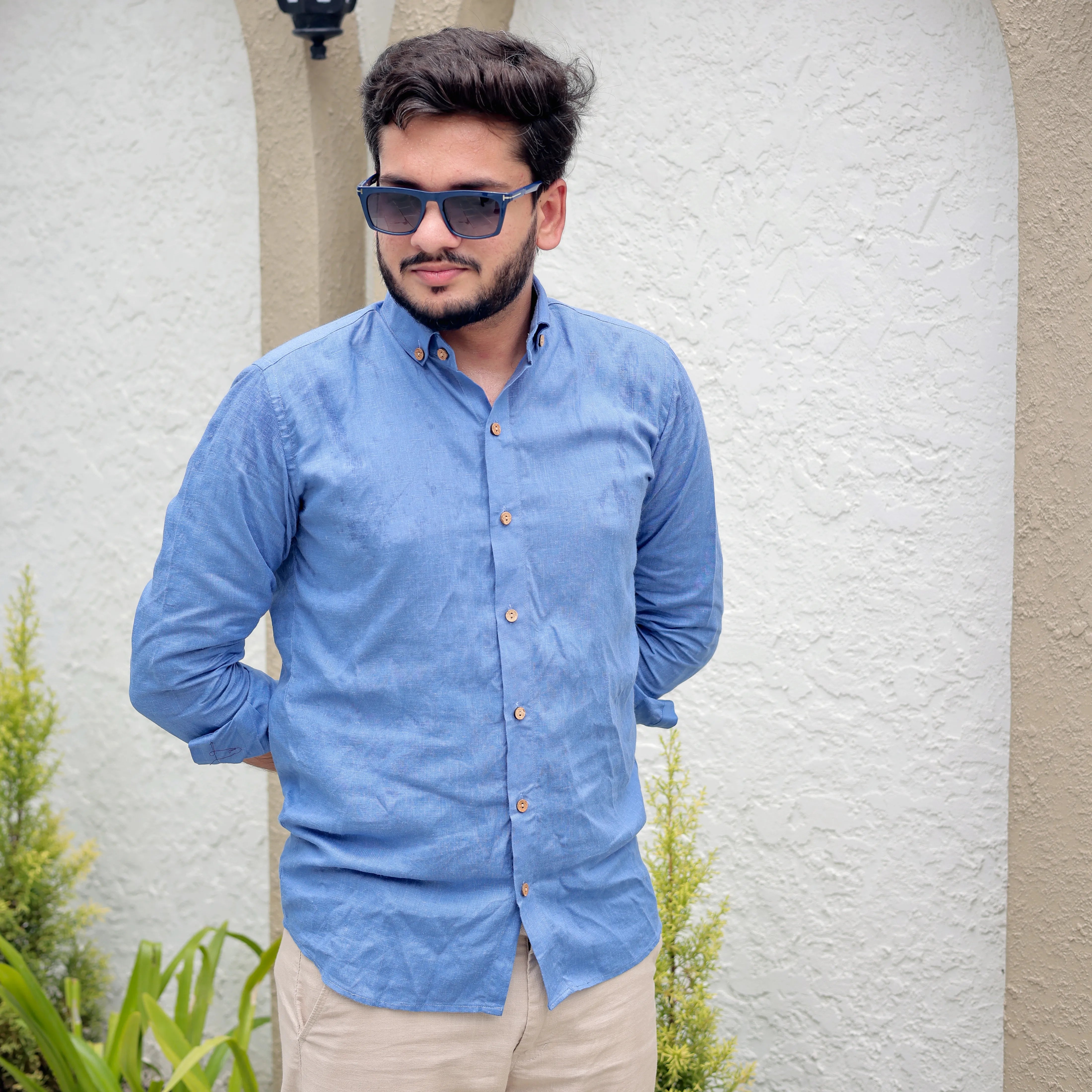 blue linen shirt