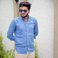 Slim Fit Cotton Linen Shirt for Men – Blue Full Sleeve Lightweight Style
