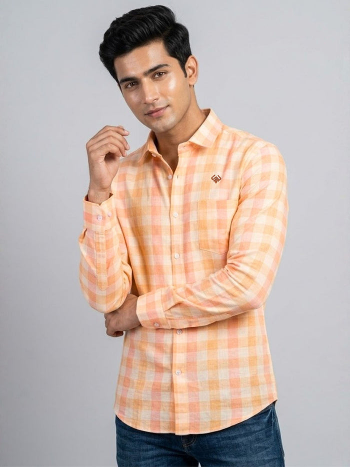 Peach Pink Checked Cotton Linen Shirt