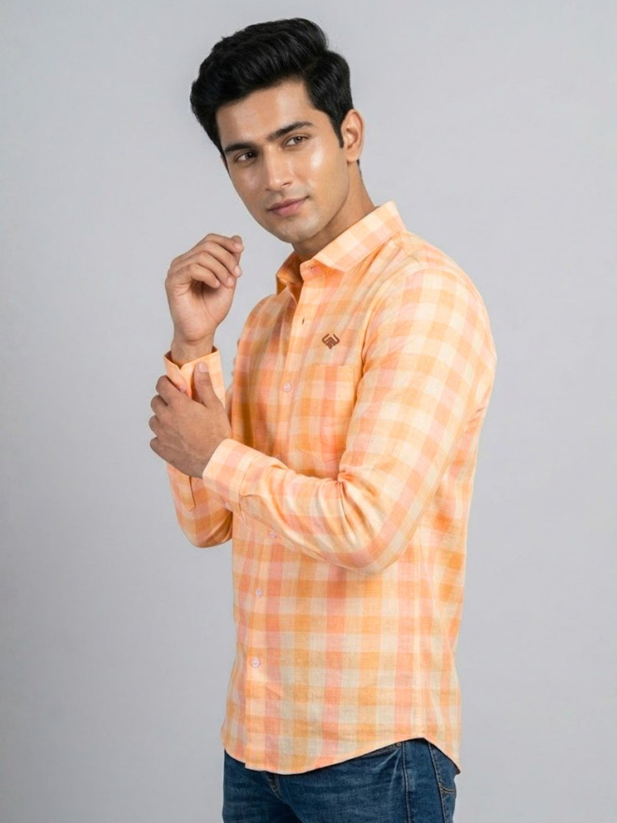 Peach Pink Checked Cotton Linen Shirt
