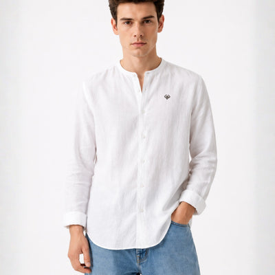 Men’s White Pure Linen Band Collar Shirt – Festive & Everyday Kurta Look