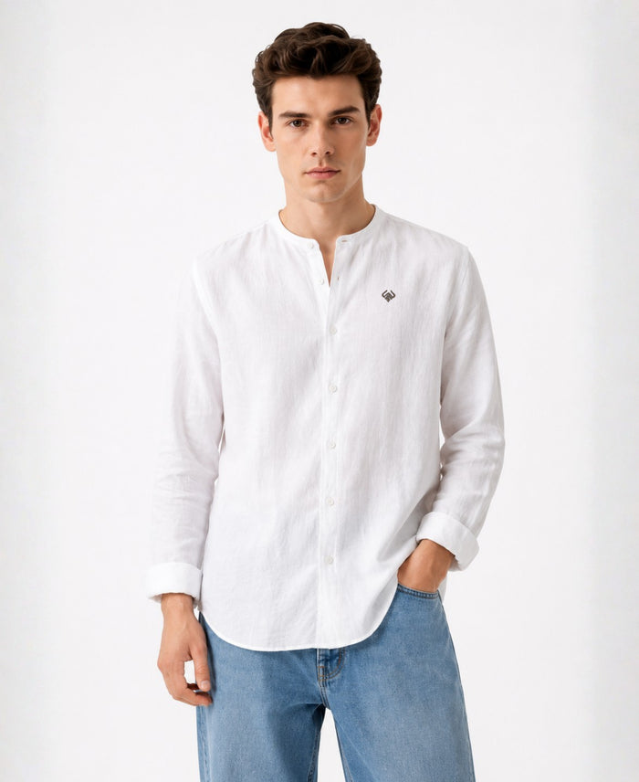 Men’s White Pure Linen Band Collar Shirt – Festive & Everyday Kurta Look
