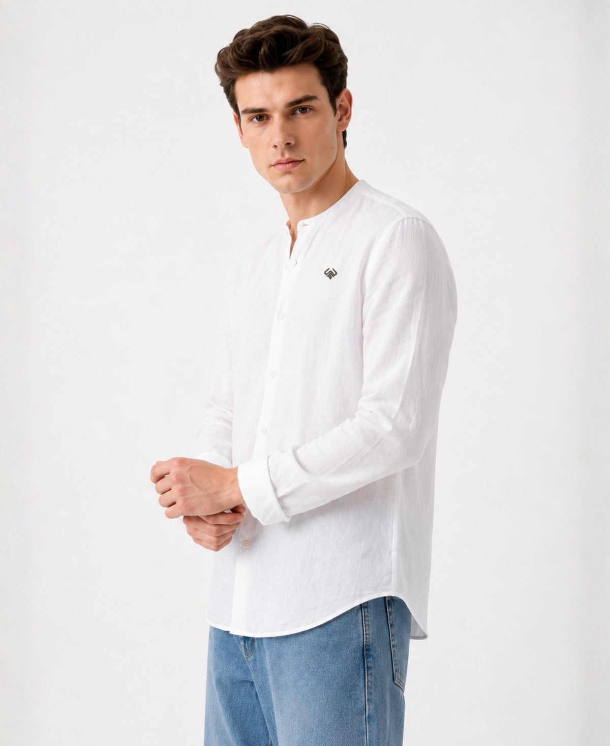 Men’s White Pure Linen Band Collar Shirt – Festive & Everyday Kurta Look