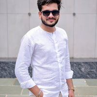 Men’s White Pure Linen Band Collar Shirt – Festive & Everyday Kurta Look