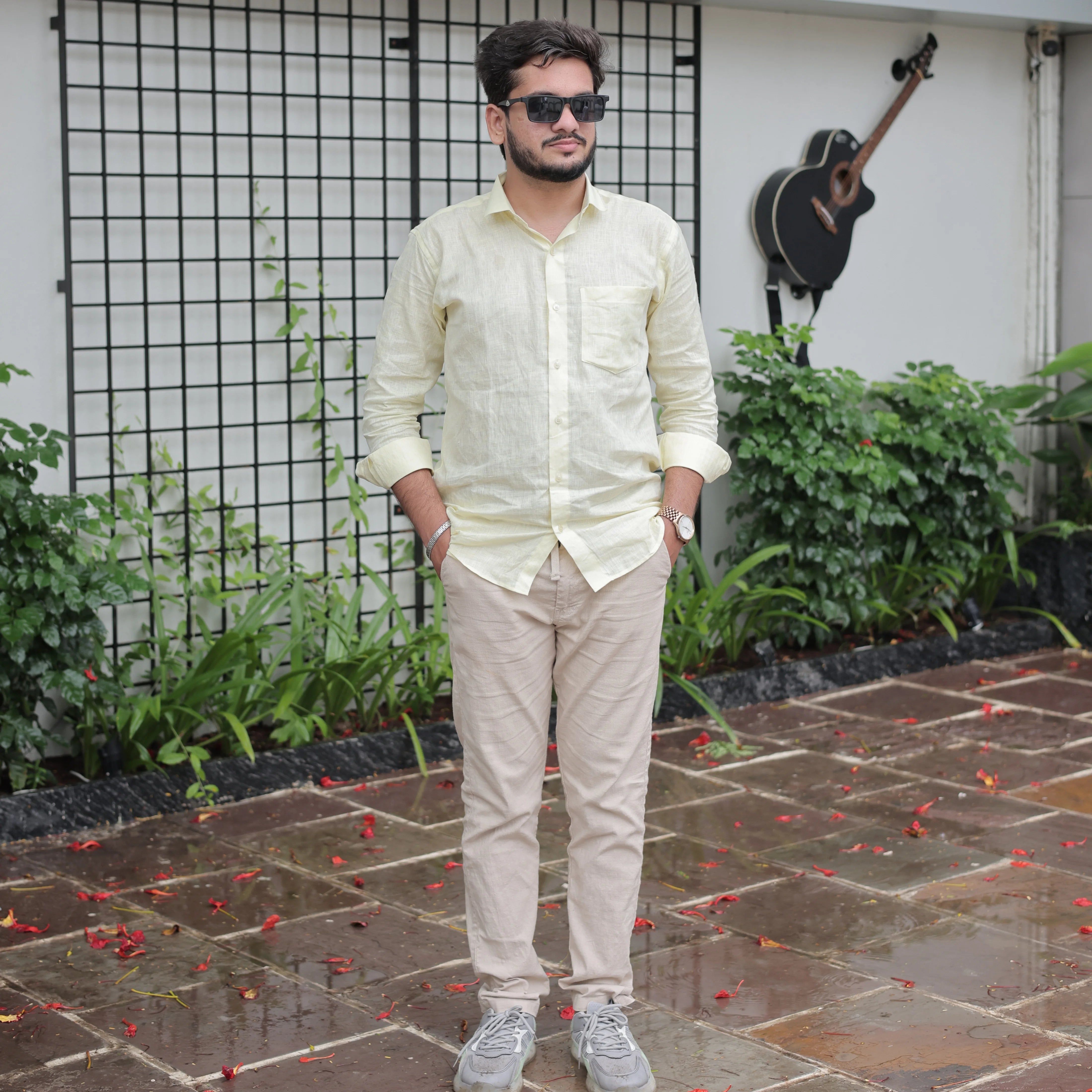 Light Yellow Solid Pure Linen Spread Collar Shirt for Men