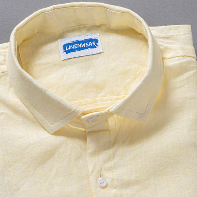 Light Yellow Solid Pure Linen Spread Collar Shirt for Men