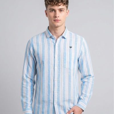 Sky Blue White Striped Cotton Linen Shirt