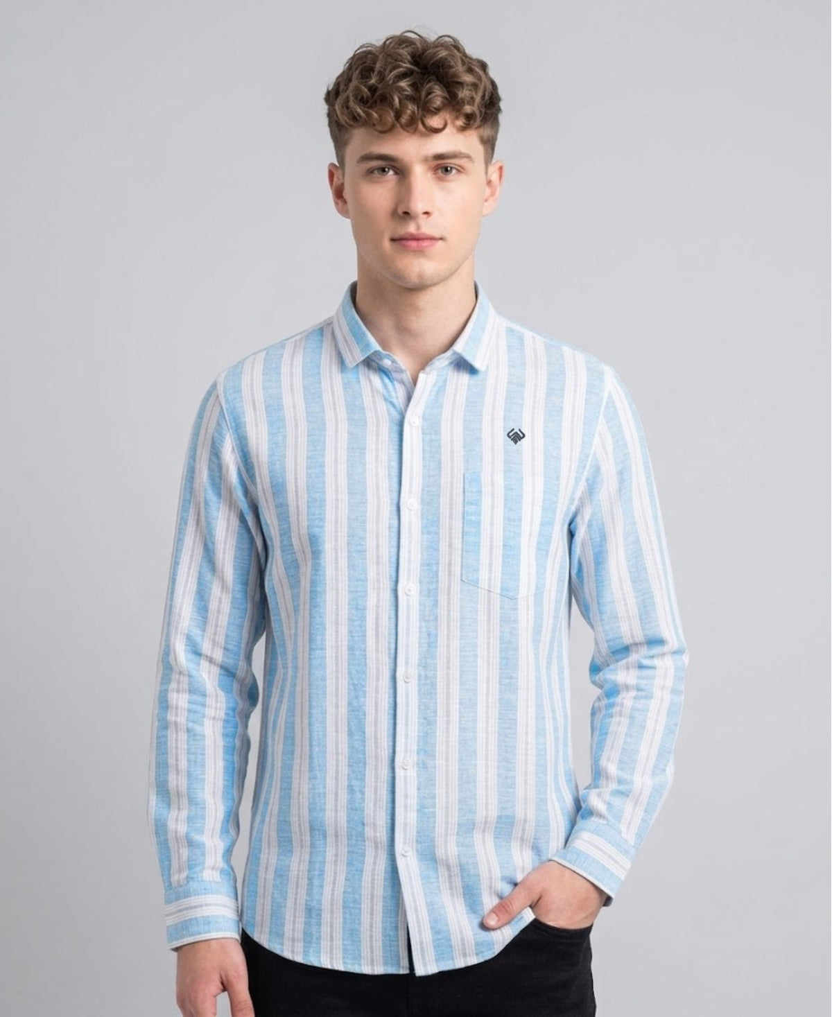 Sky Blue White Striped Cotton Linen Shirt