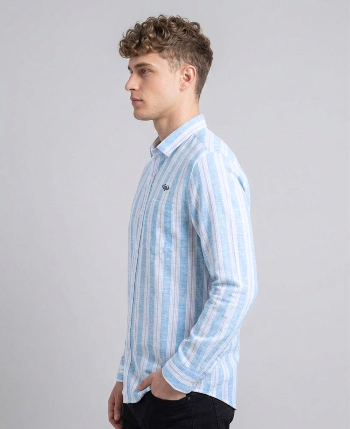 Sky Blue White Striped Cotton Linen Shirt