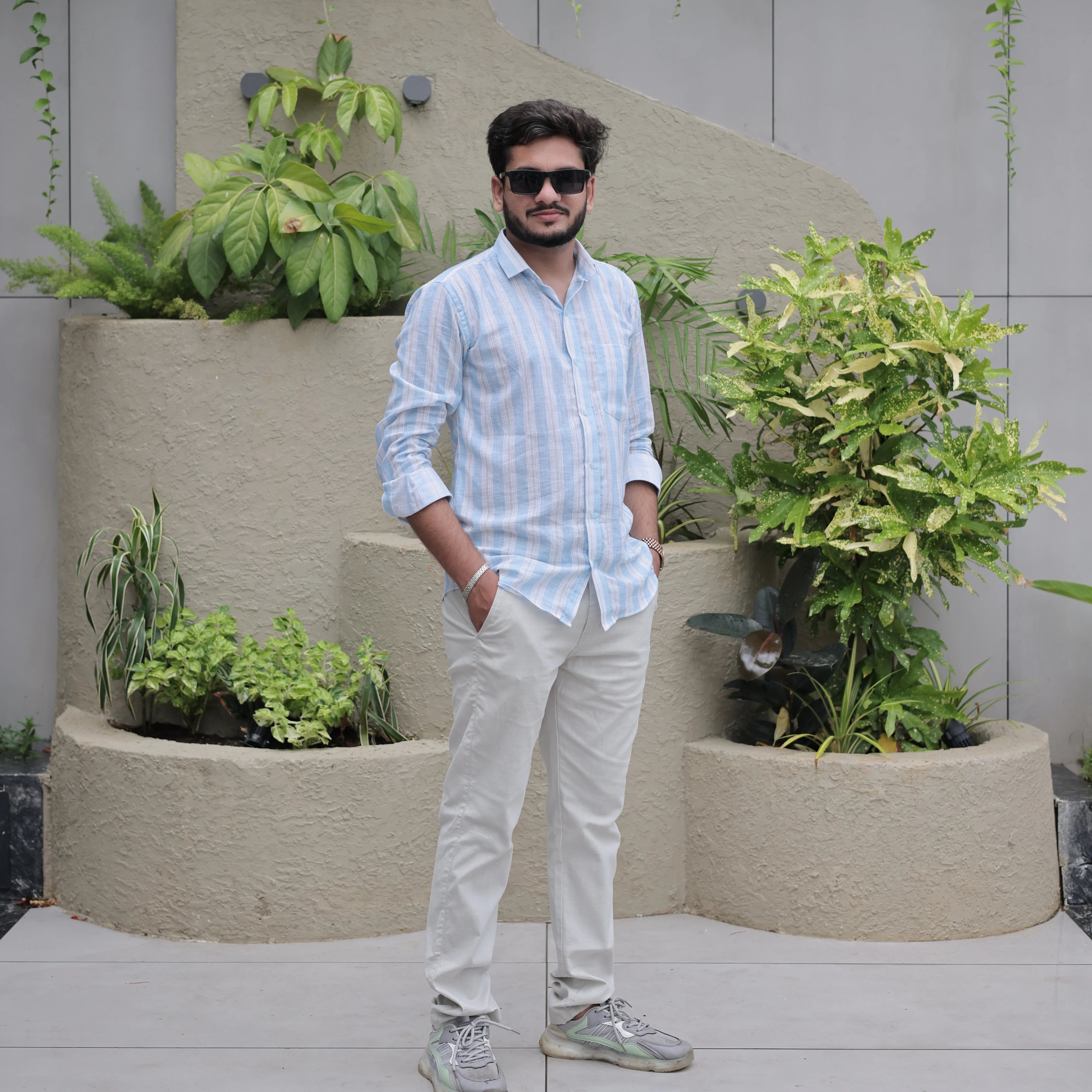 Full Sleeve Blue Cotton Linen Vertical Striped Shirt