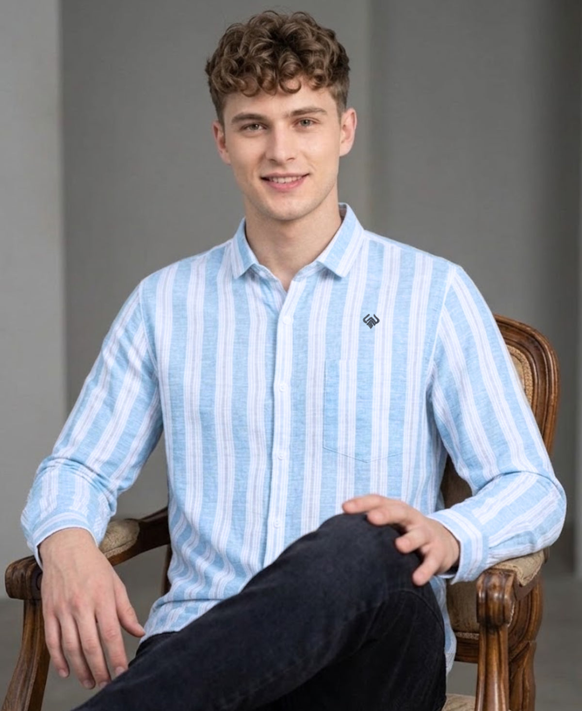 Sky Blue White Striped Cotton Linen Shirt