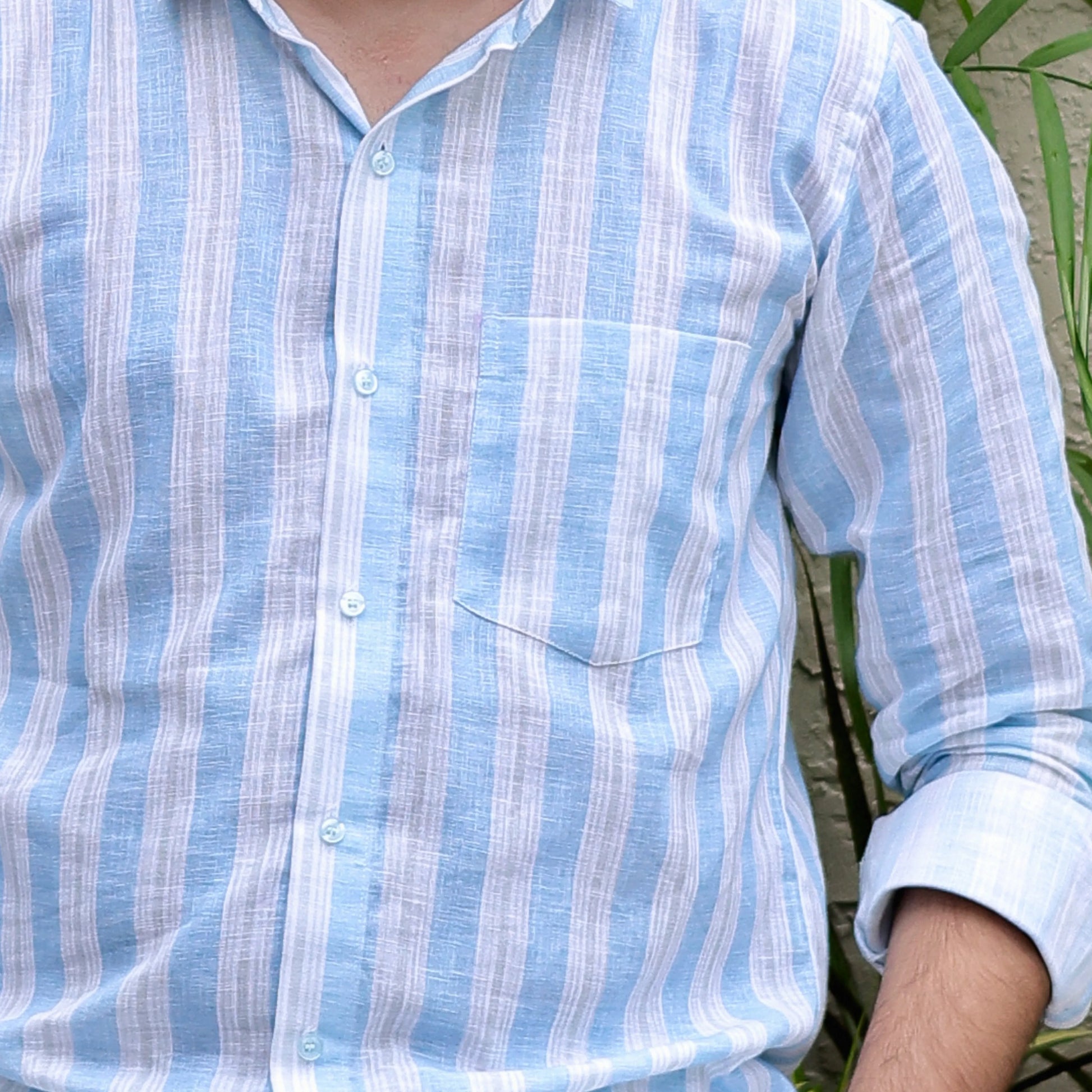 blue and white striped linen shirt