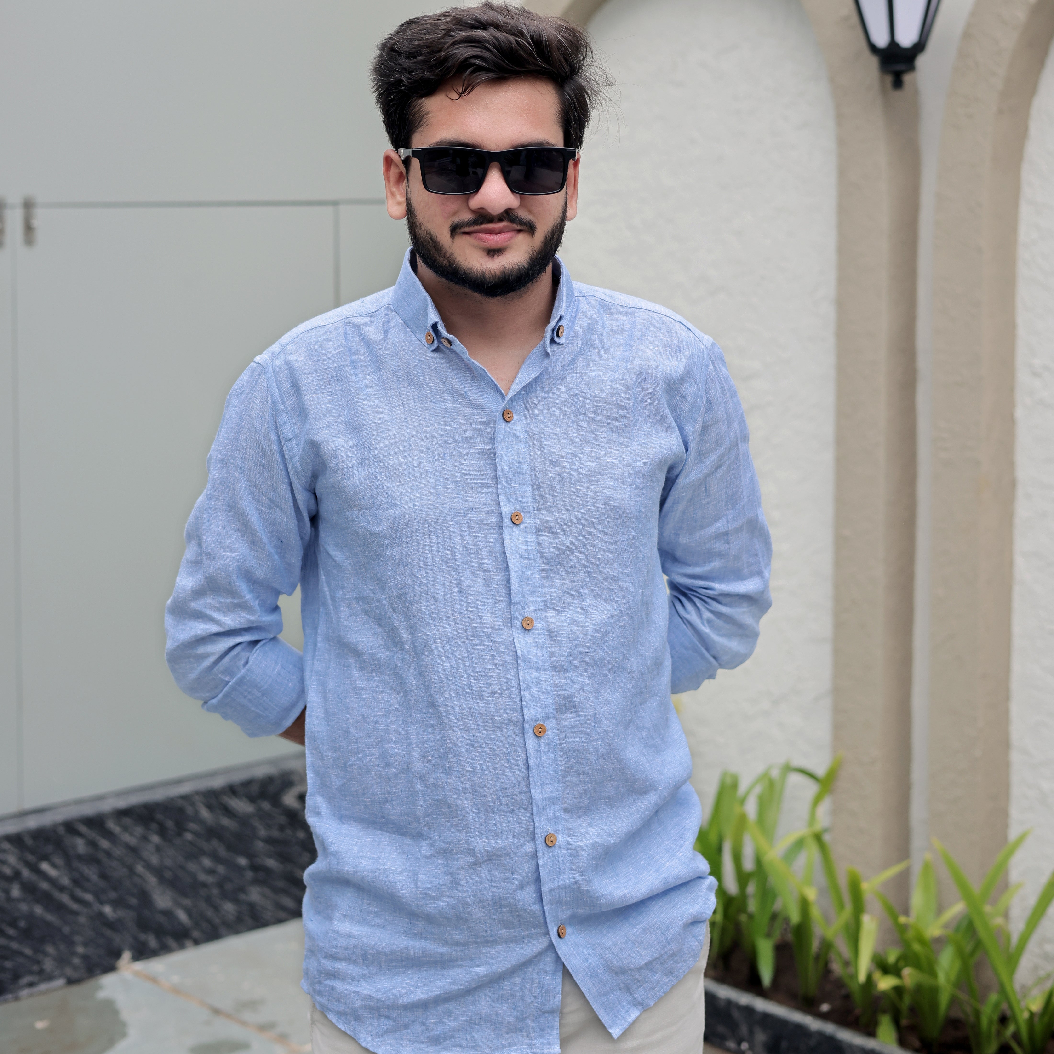 Light blue linen shirt for men