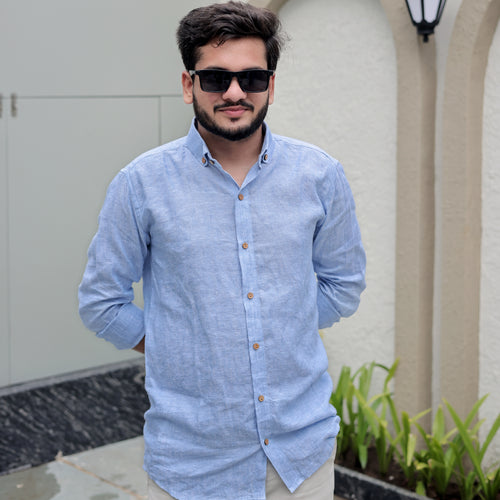 Breathable Pure Linen Blend Shirt for Men – Light Blue Full Sleeve