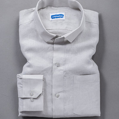 Light Grey Pure Linen Shirt With Spread Collar and Chest Pocket