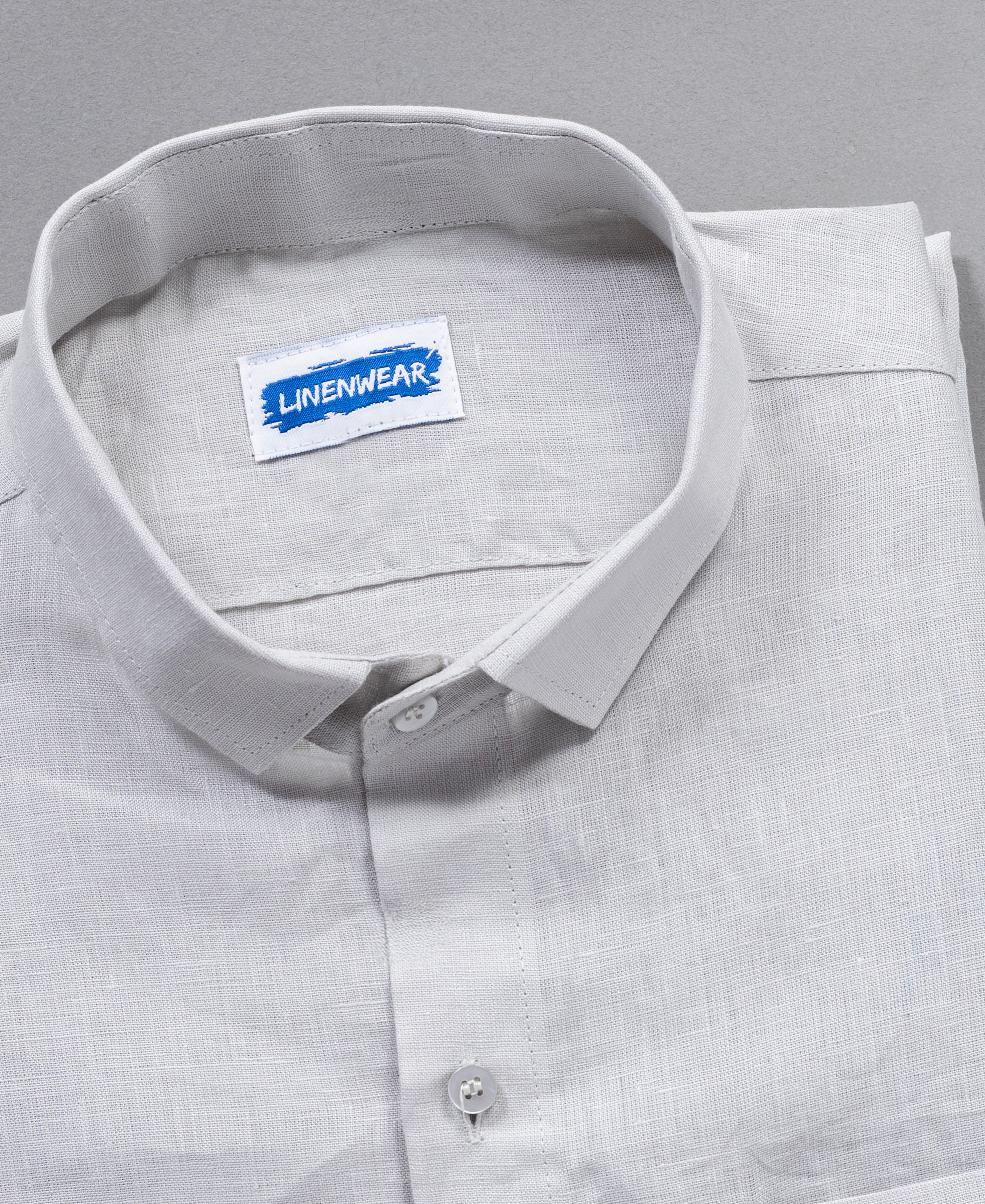 Light Grey Pure Linen Shirt With Spread Collar and Chest Pocket