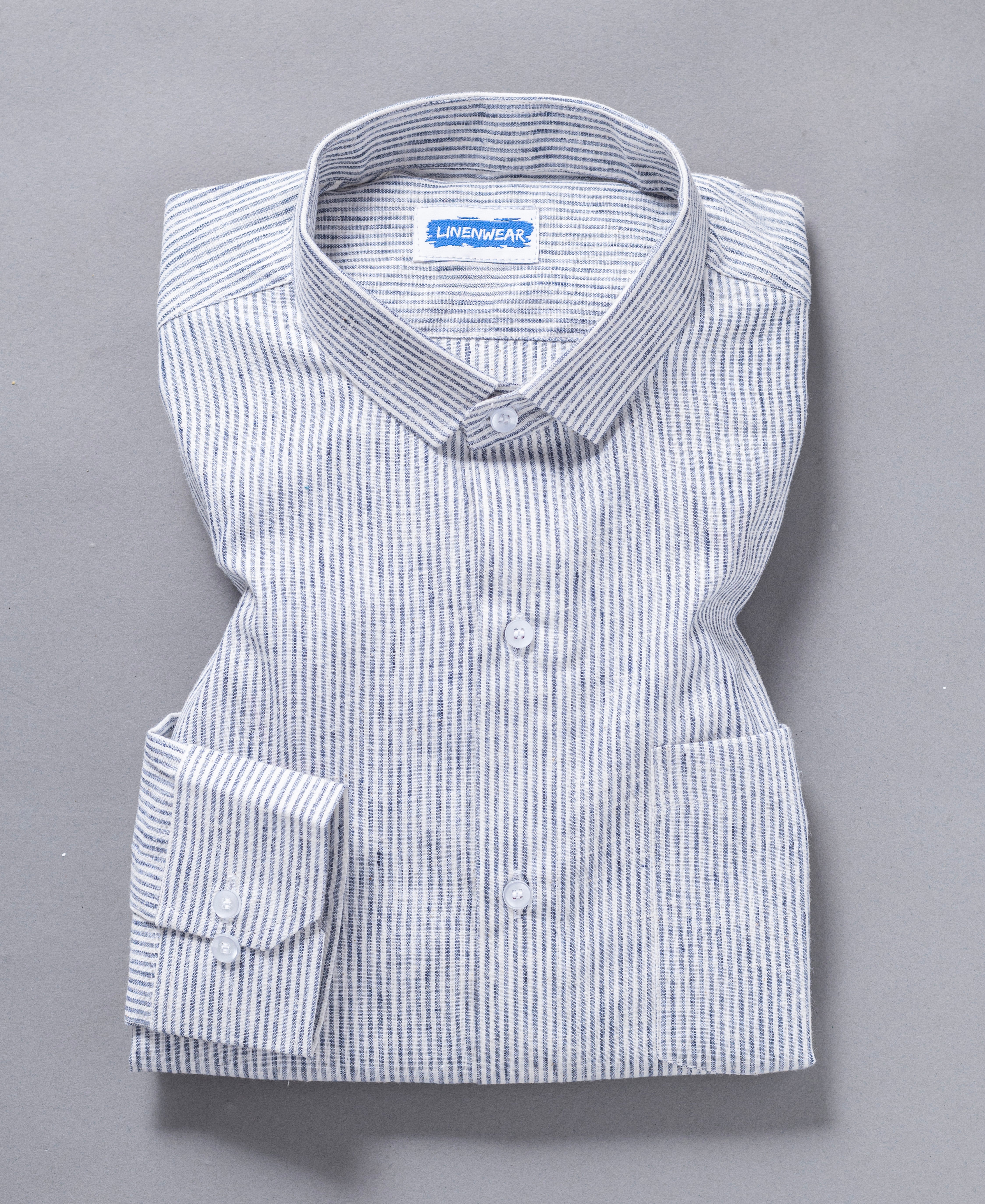 Classic Blue White Cotton Shirt with Button Placket and Full Sleeves