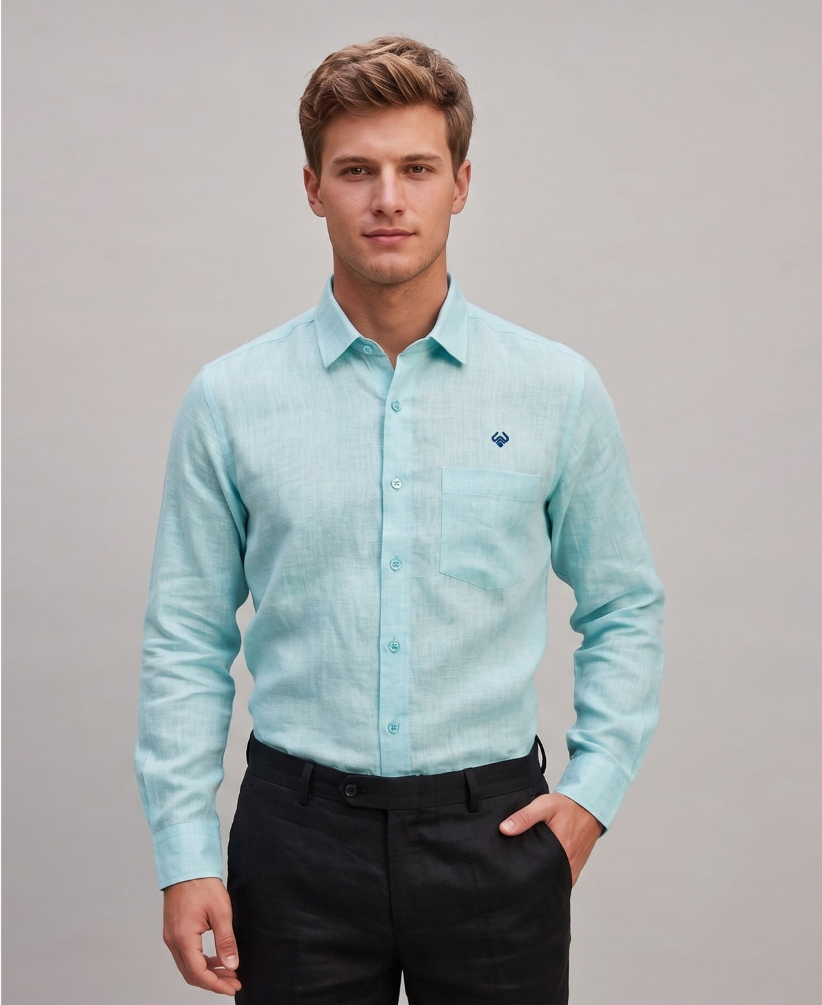 Sky Blue Pure Linen Regular Fit Shirt For Men