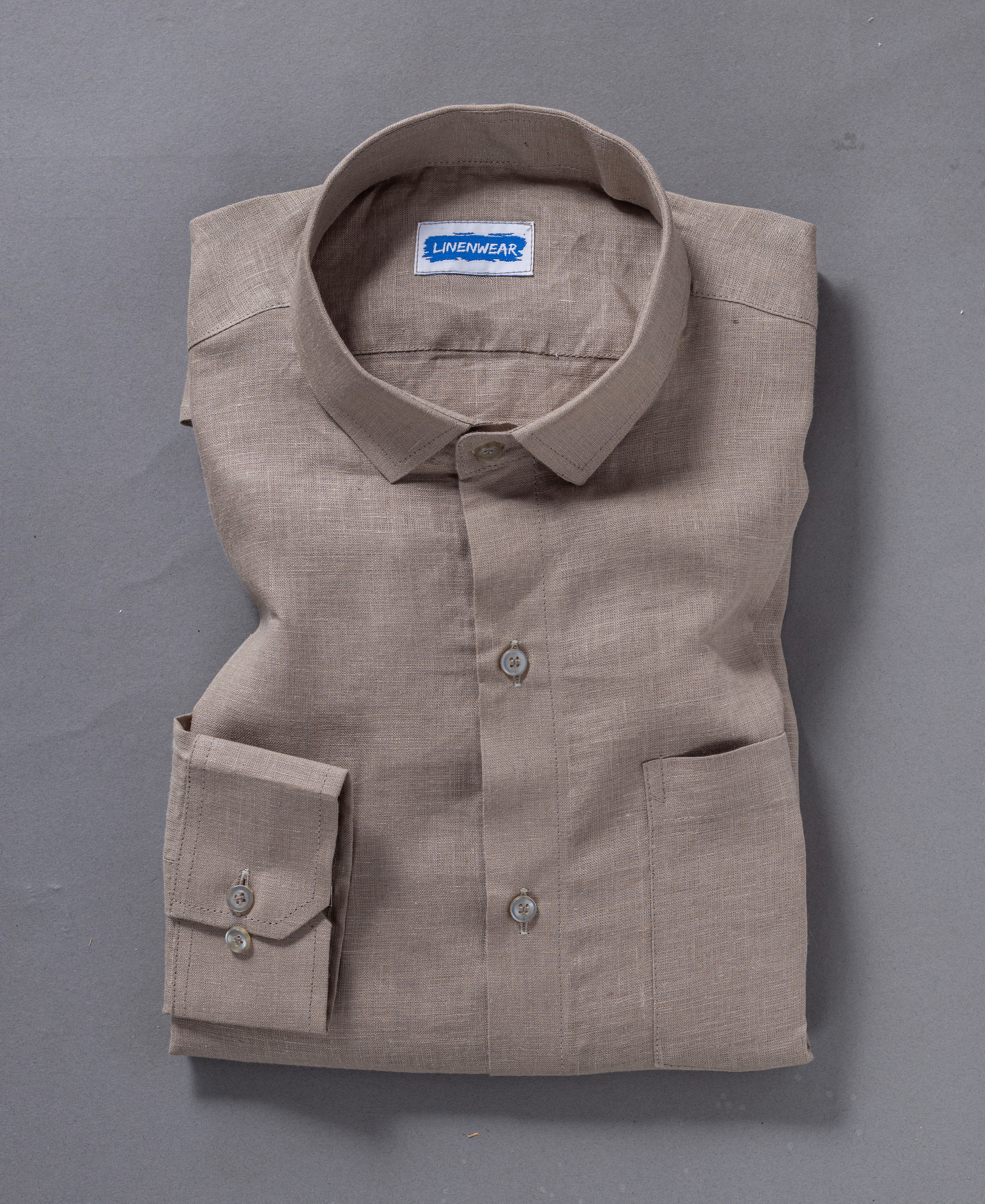 Classic Brown Pure Linen Shirt With Pocket