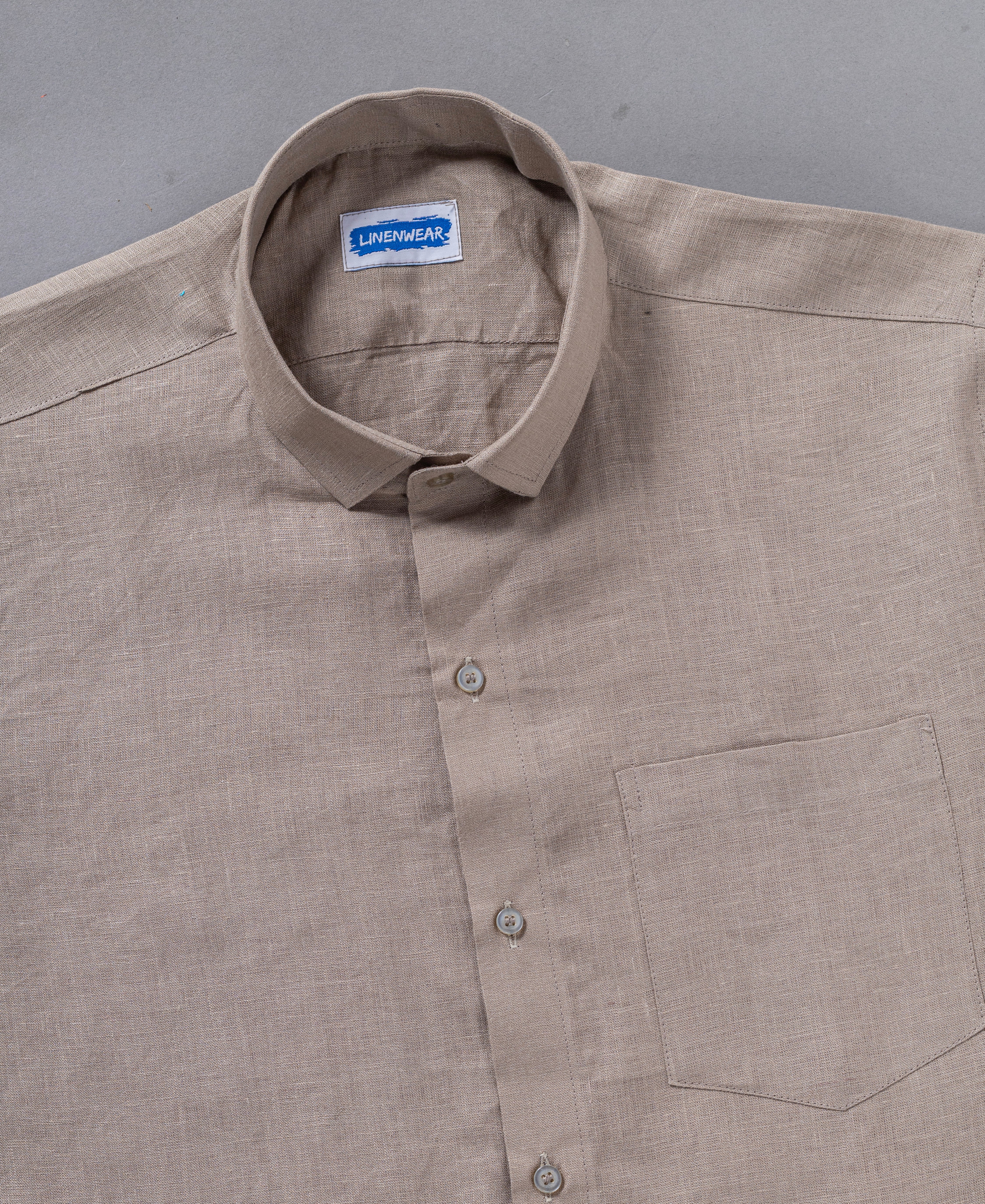 Classic Brown Pure Linen Shirt With Pocket